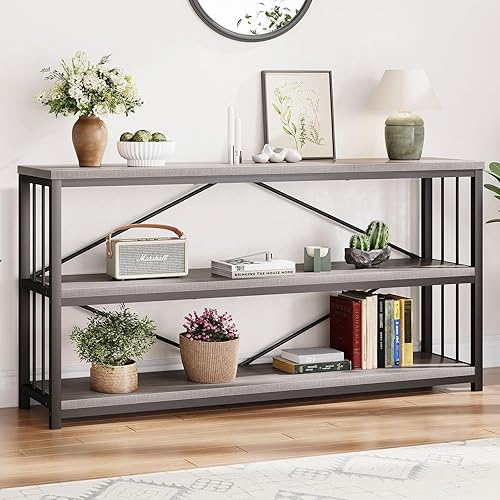 LVB Mesa consola larga con almacenamiento, mesa de entrada rústica y delgada, moderna mesa de sofá de madera y metal con estante, mesa de entrada