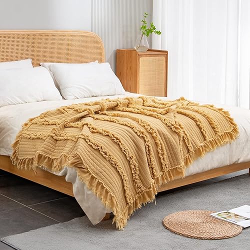 Miniatura 2 de Manta acolchada ultra suave y prelavada de tamaño individual color amarillo bohemio para cama, manta decorativa con flecos con volantes, manta