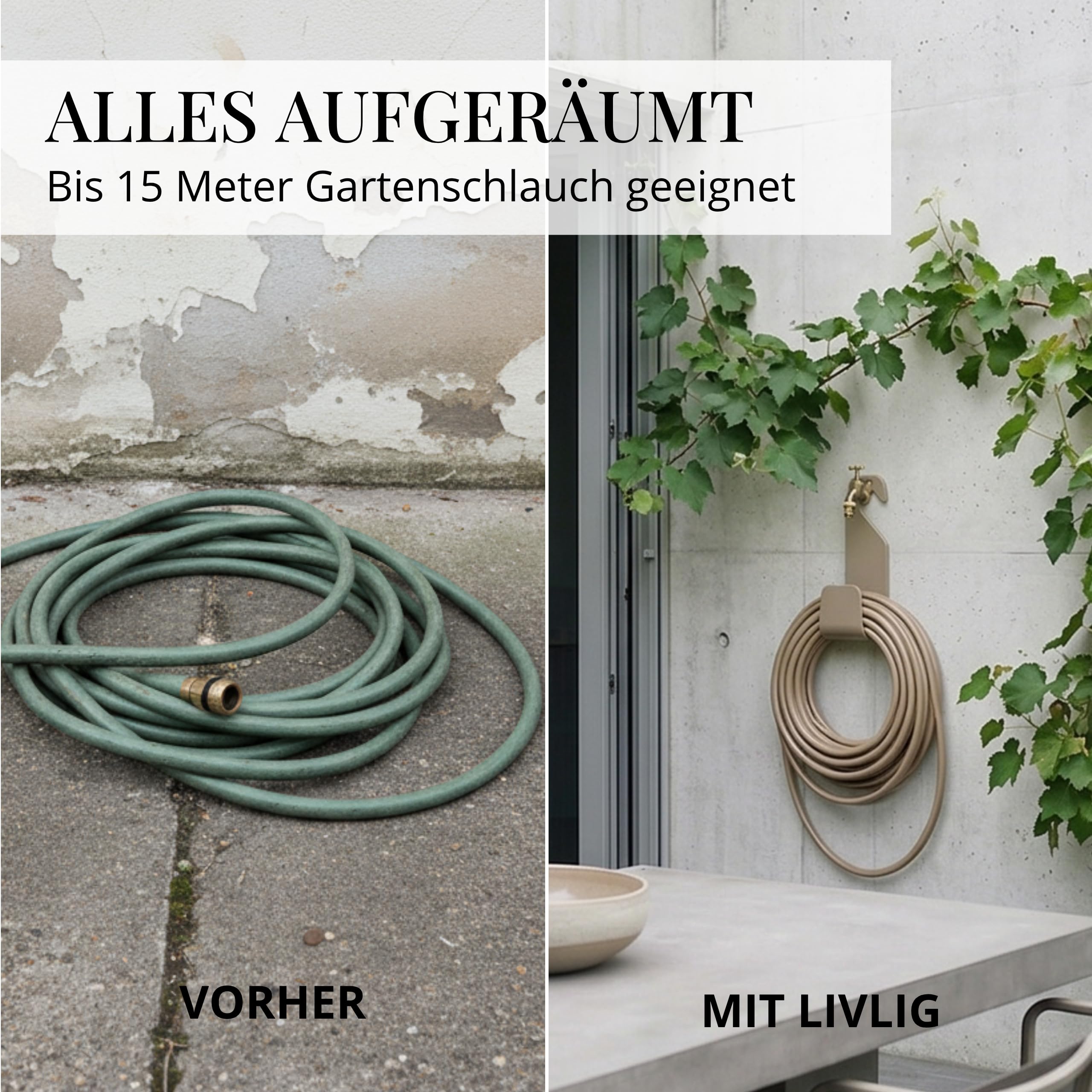 Livlig53 LIVLIG Gartenschlauch Halterung ohne Bohren, Schlauchhaken aus Metall, Schlauchhalter Wand/Wandschlauchhalter für bis zu 10 m Gartenschlauch oder 20 m Flexschlauch, Made in Italy, Beige