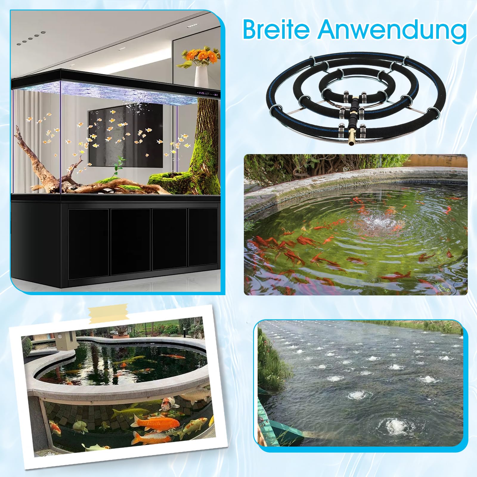 Japan Belüfterring Koi Teich Belüftung Sauerstoff, Ø35cm Edelstahl Teichbelüfter mit Luftschlauch, Japanischer Ausströmer für Koiteich, Sauerstoffanreicherung im Gartenteich (3 Schlaufen)