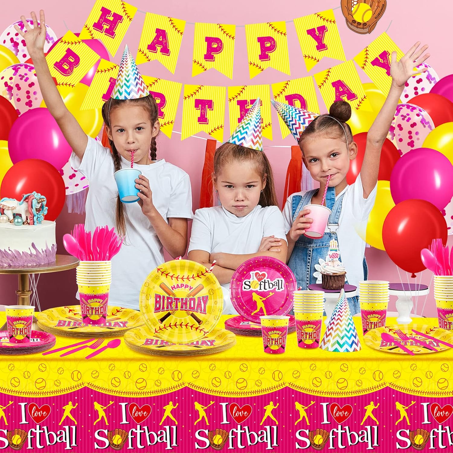 Gueevin 115 Pcs Girl Softball Birthday Party Decoration for 16 Guests, 48 Solid Color Balloons (Yellow Pink Red), 16 Pink Confetti Balloons, Softball Plates Tablecloth Banner Cup Knife Spoon Fork