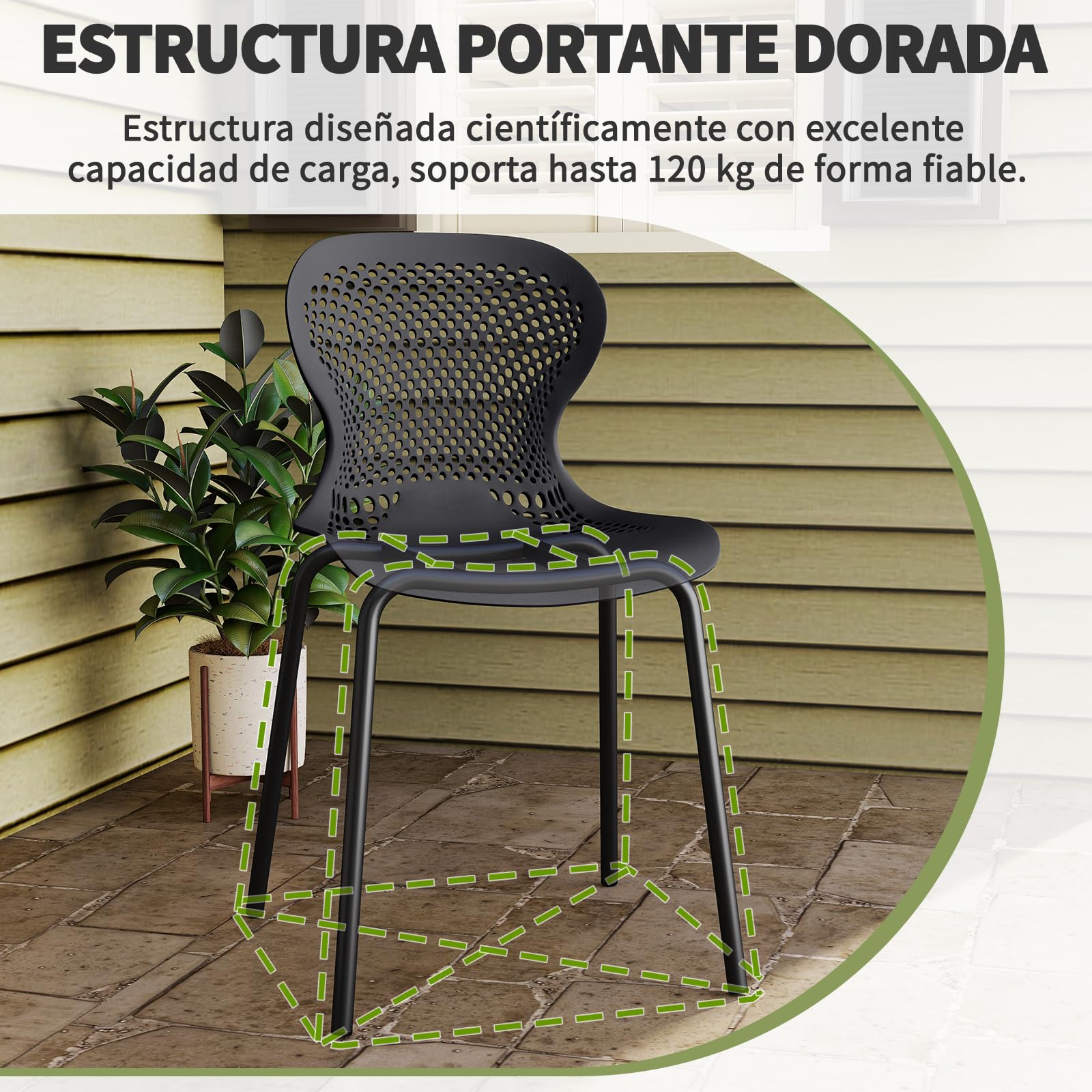 JIJIAN Pack de 6 Sillas de Jardín Apilables Negro, Sillas de Comedor de Plástico con Patas de Metal, Sillas de Cocina para Jardín, Balcón, Comedor y Terraza