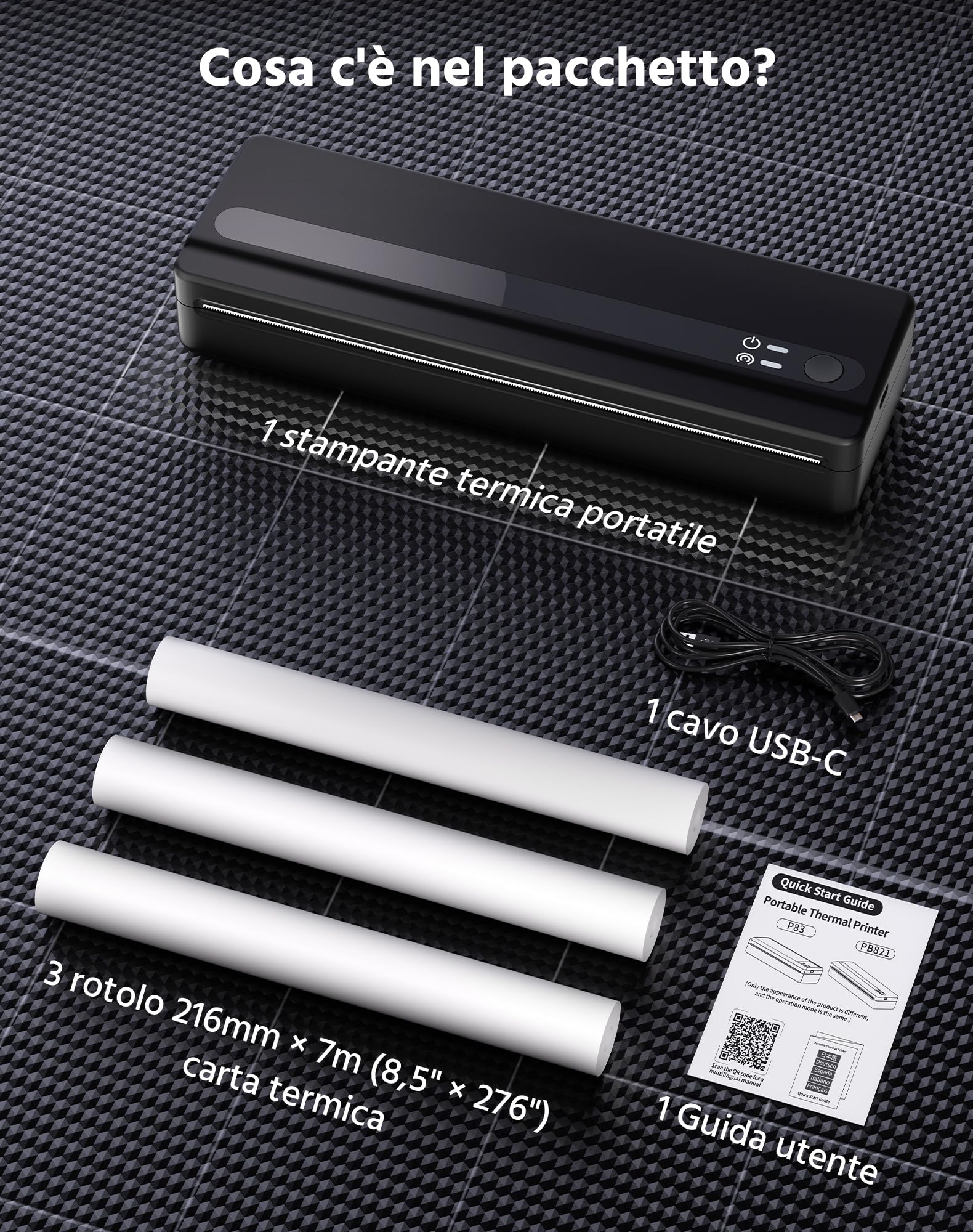 Stampante Termica Portatile A4 PB821 Bluetooth Senza Inchiostro, Nero, 3 Rotoli Carta