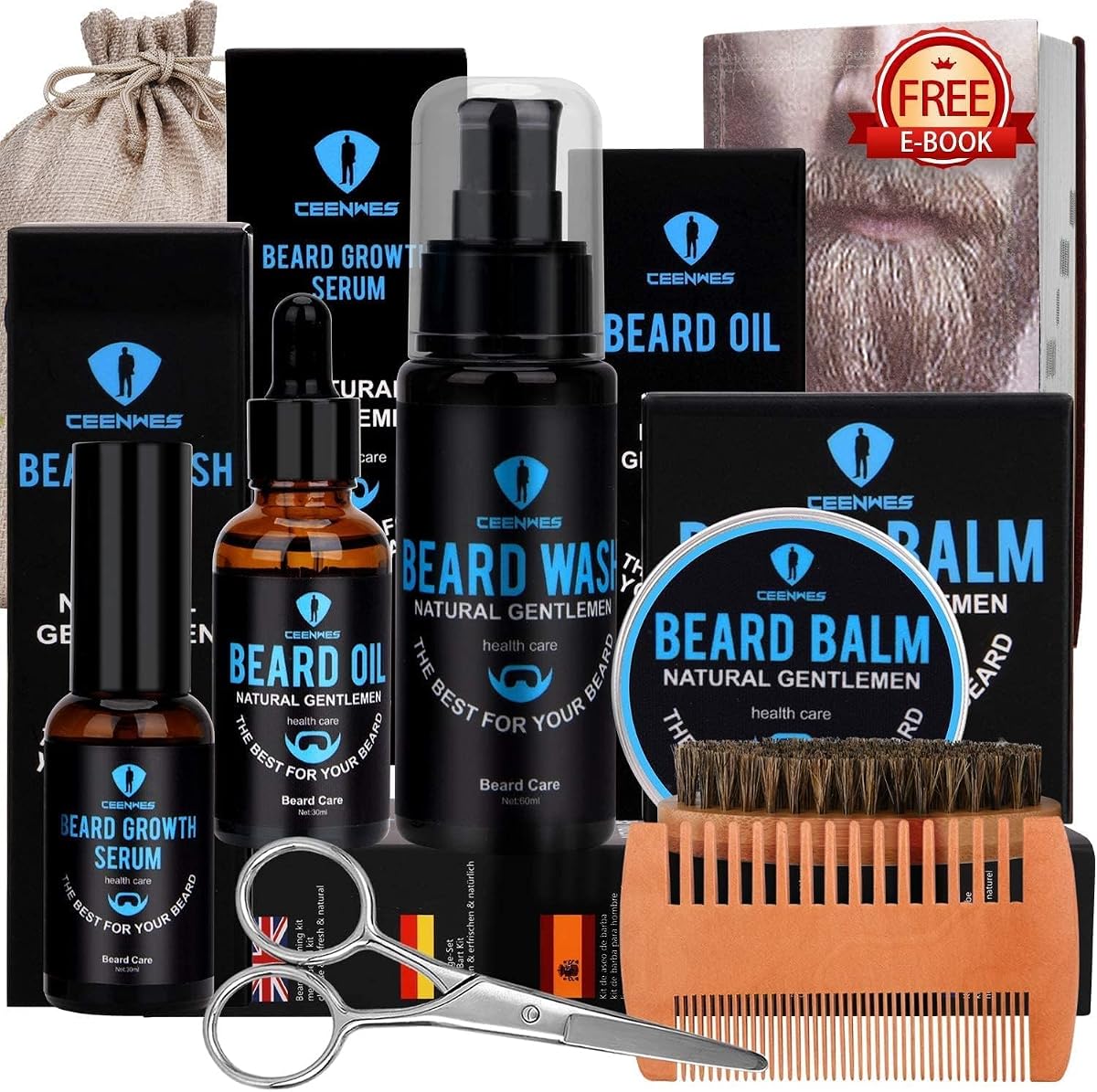 Kit de cuidado de barba, kit de barba con aceite para barba, suero para el crecimiento de la barba, lavado de barba, bálsamo para barba, cepillo para barba, peine para barba, tijeras para barba y bigote, kit para crecimiento de barba, regalos únicos para hombres