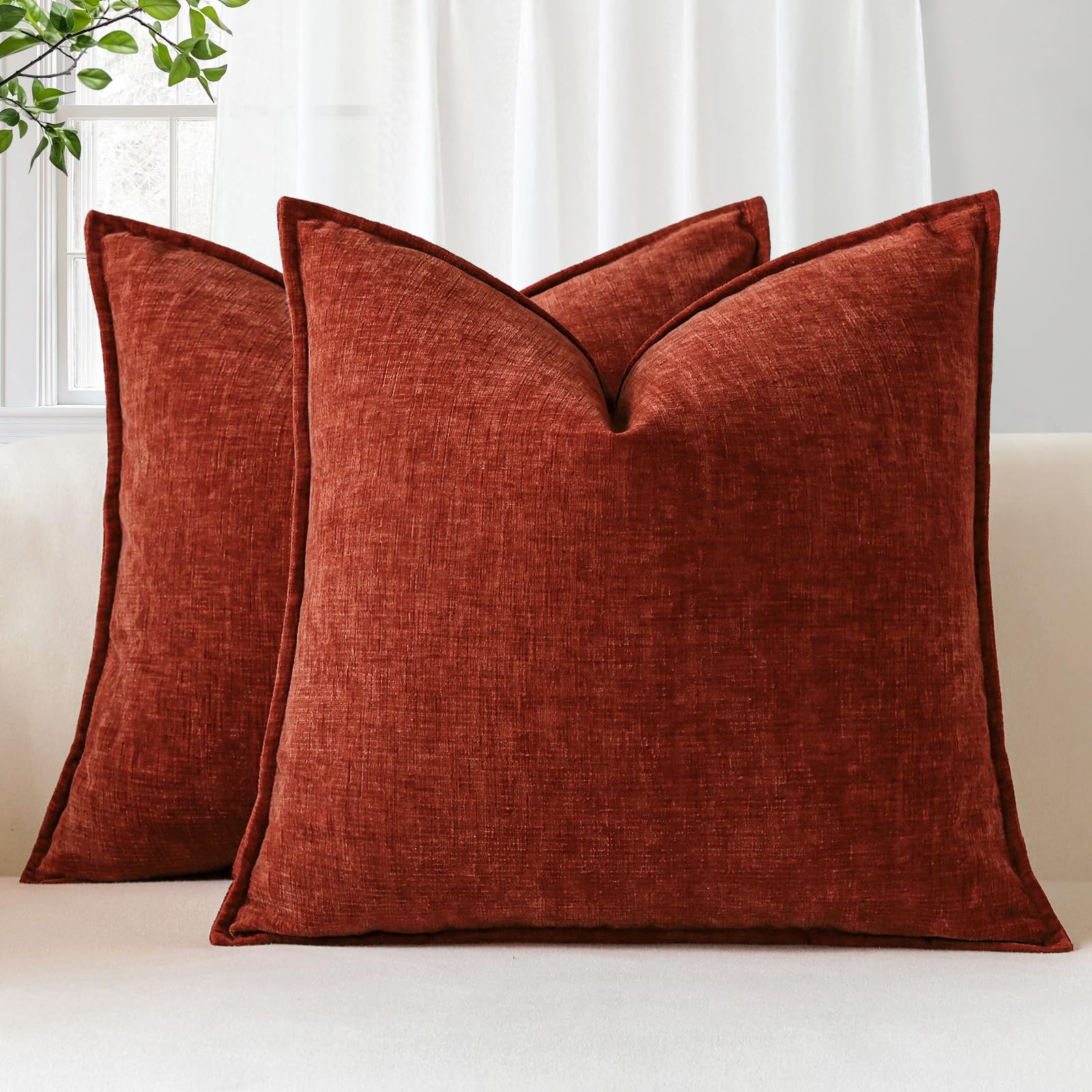 Pack of 2 Chenille Decorative Throw Pillow Covers 20x20 Inch Square Soft Pillow Covers with Stitched Edge Solid Dyed Cushion Covers for Home Decor Couch Sofa Bed Living Room, Rust