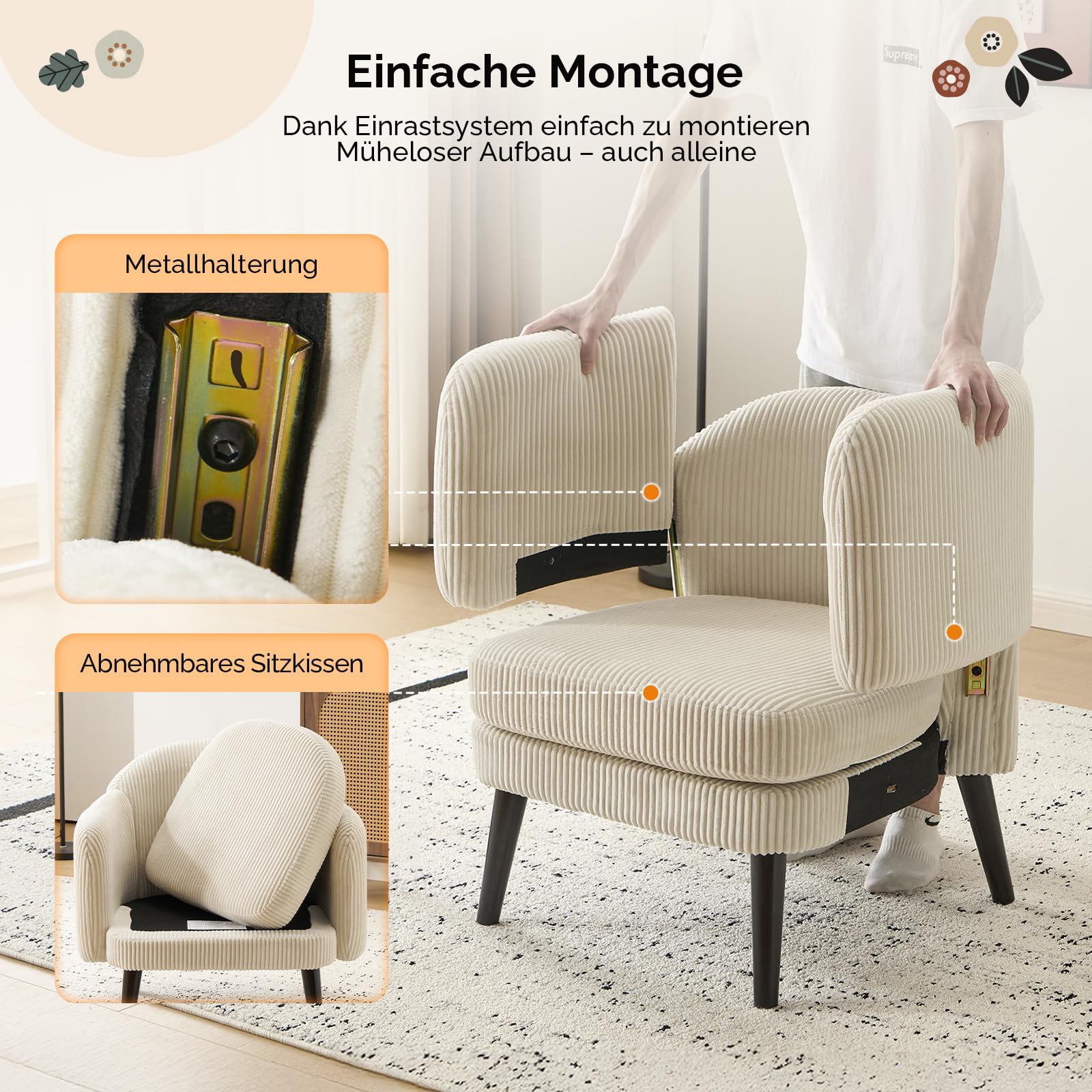 Bonnlo Sessel, Gepolsterter Cocktailsessel, Lesesessel, Clubsessel, Moderner Loungesessel für Wohnzimmer, Schlafzimmer, Büro oder Wartebereich, belastbar bis 113 kg, Feincord, Beige