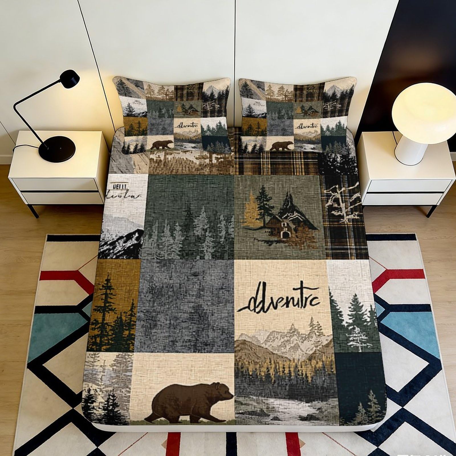 3D Printed Forest Landscape Fitted Sheet Microfiber Soft Bear Mountain Bed Cover for Bedroom Guest Room Decor 90x200x25cm