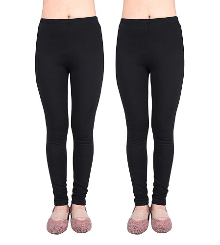 IRELIA 2 Pack Girls 100% Cotton Fleece Lined Warm Leggings for Winter BB M Black/Black