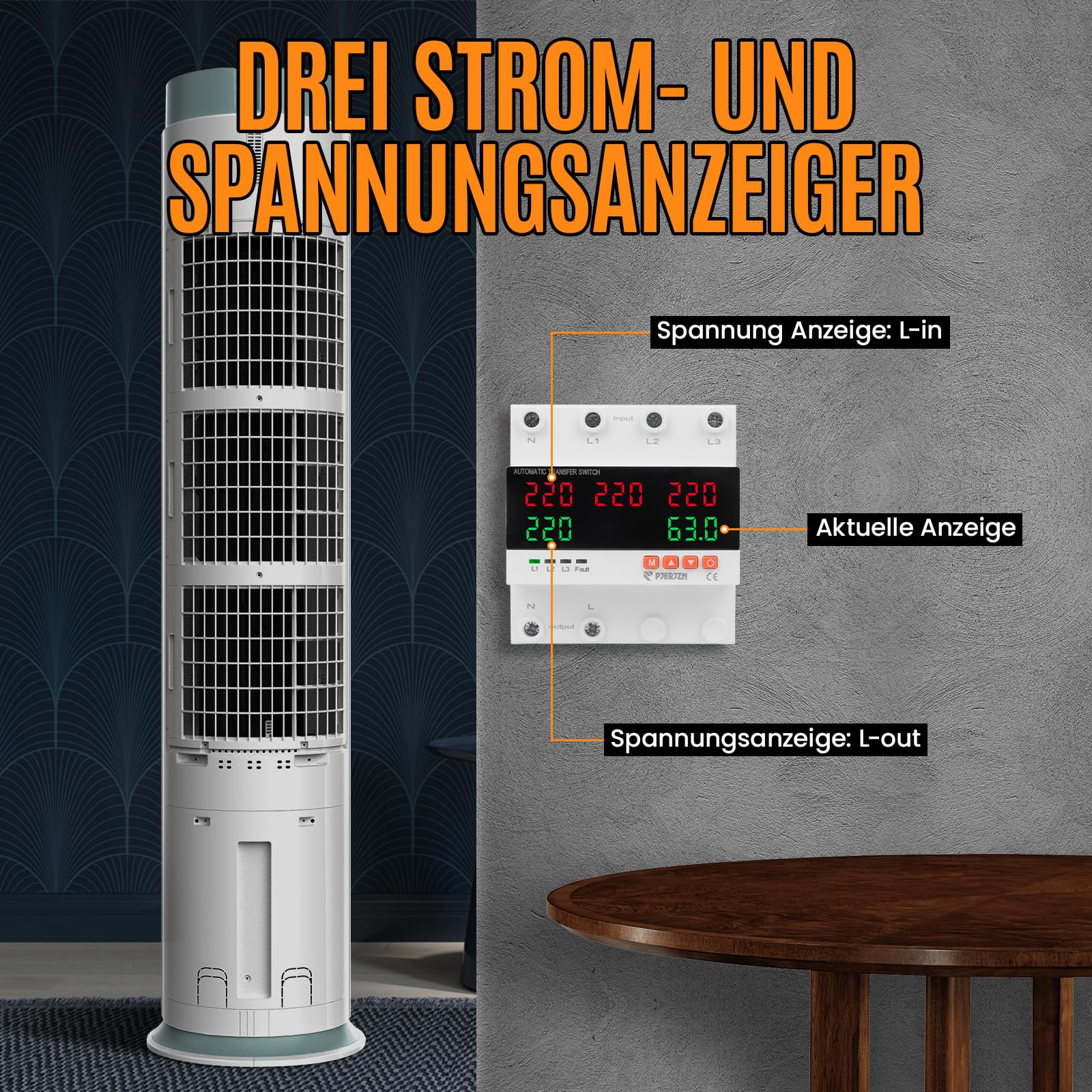 230V Doppelstrom-Automatikumschalter (ATS) - 5-Anzeigen 3-Wege-Stromumschaltung mit Über-/Unterspannungsschutz, Überstromschutz für Netz/Generator/Wechselrichter (63A/100A) (63A)