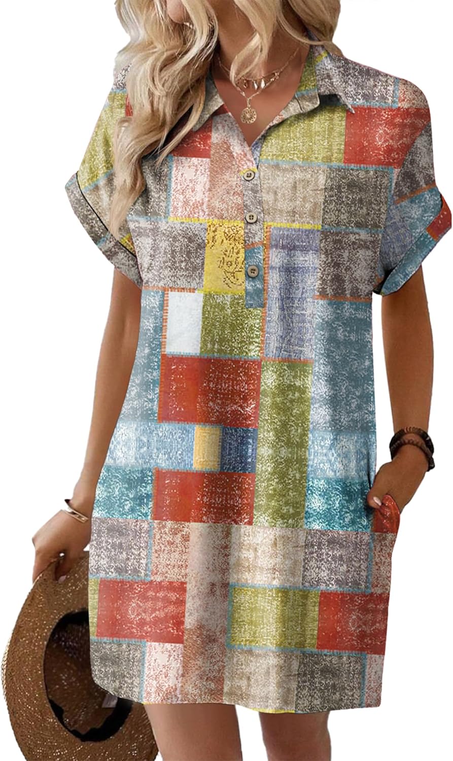 HOTOUCH Womens Summer Shirt Dress Short Sleeve Floral Shift Dress Casual Loose Flowy Beach Sundress with Pockets