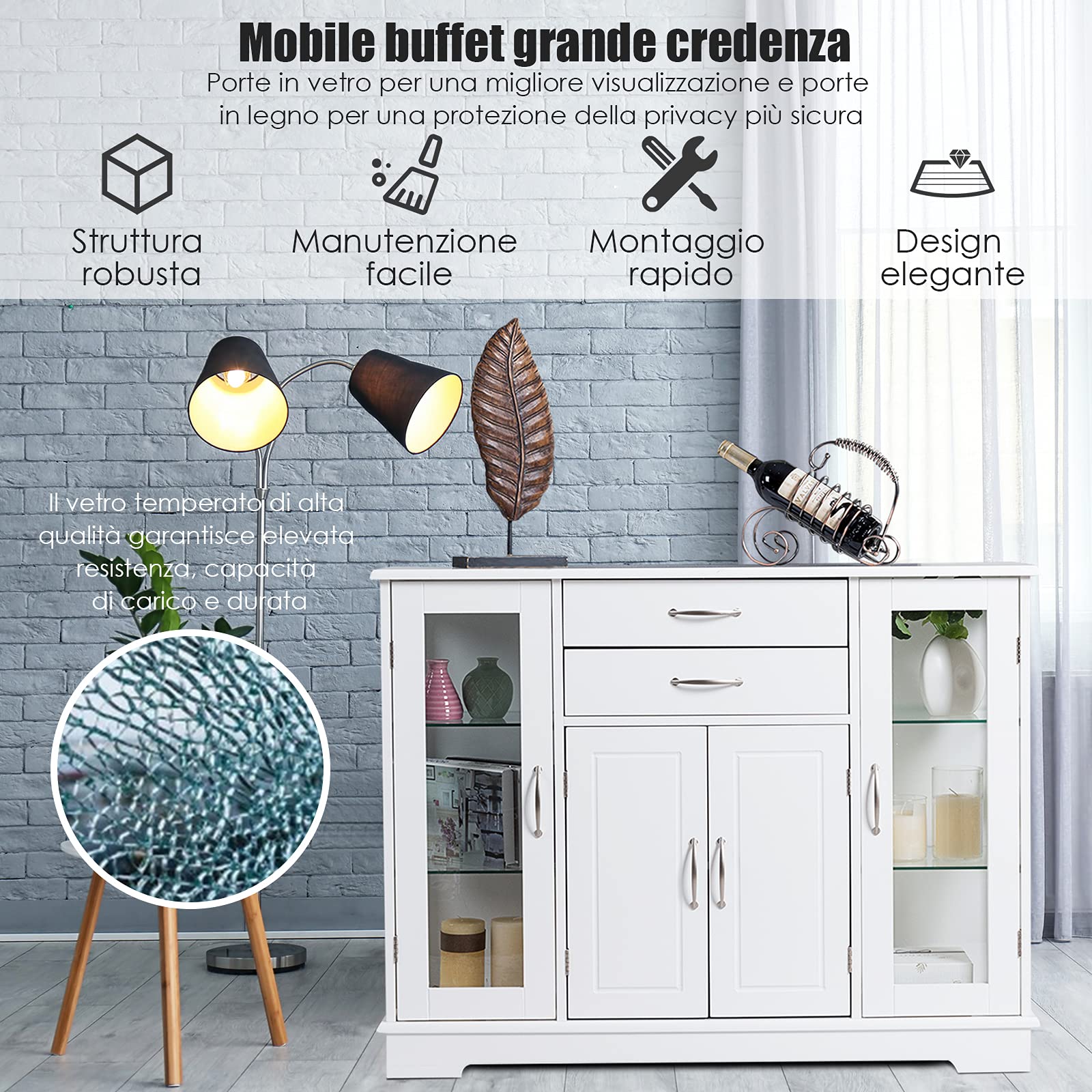 GYMAX Credenza per Cucina, Mobile di Stoccaggio per Cucina con Porte e Ripiani, 2 Vetrine in Vetro per Sala da Pranzo, Corridoio, Ufficio 107 x 30 x 82 cm