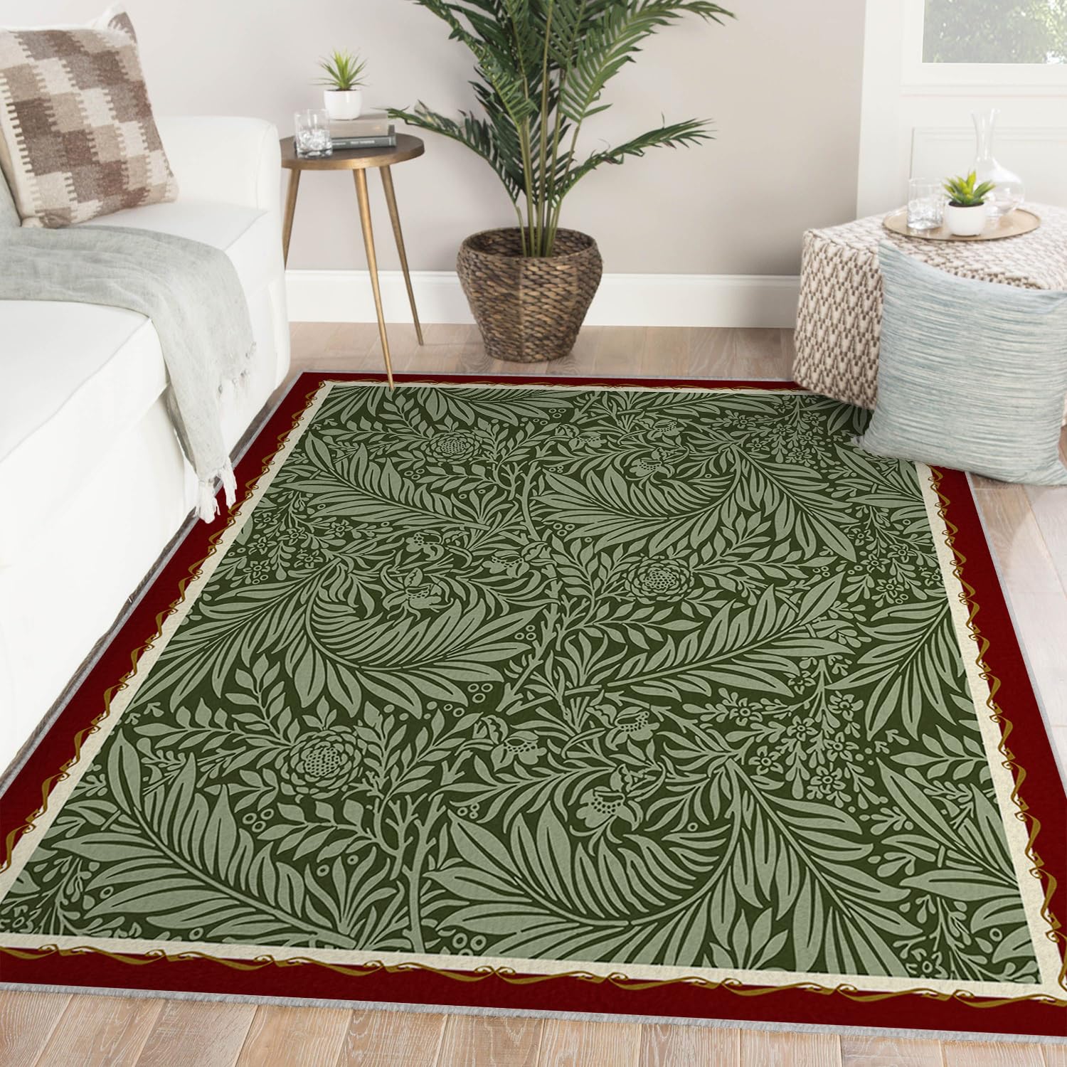 Dywaniki o wymiarach 120 x 160 cm, zmywalny, antypoślizgowy dywan, vintage, botaniczny liść, kwiaty, niskie runo, dywan do wnętrz, do salonu, jadalni, tradycyjny, oliwkowozielone liście