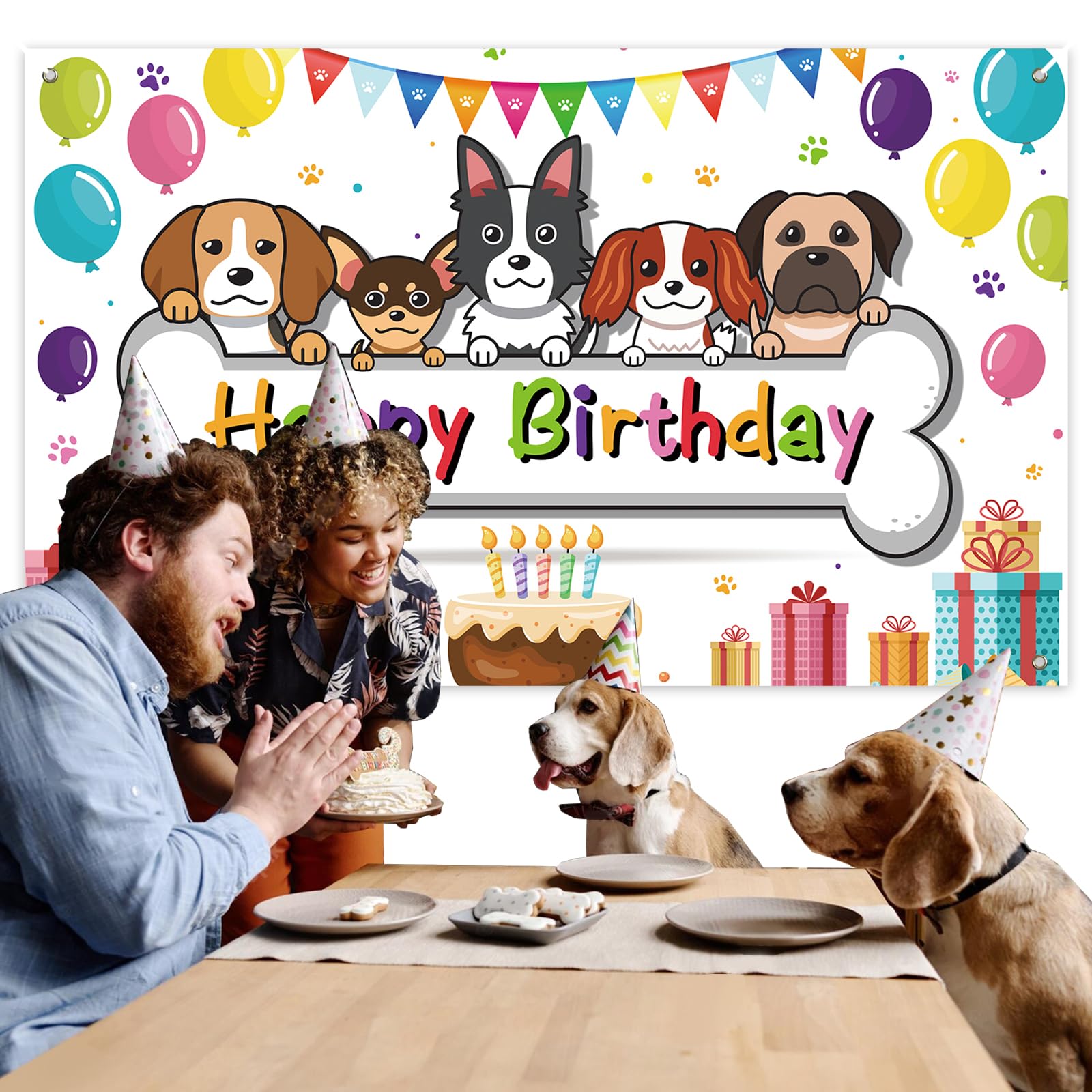 Toile De Fond Anniversaire Chien Cartoon - 100x150 Cm - Bannière "Joyeux Anniversaire" - Pour Photomaton, Décoration Fête
