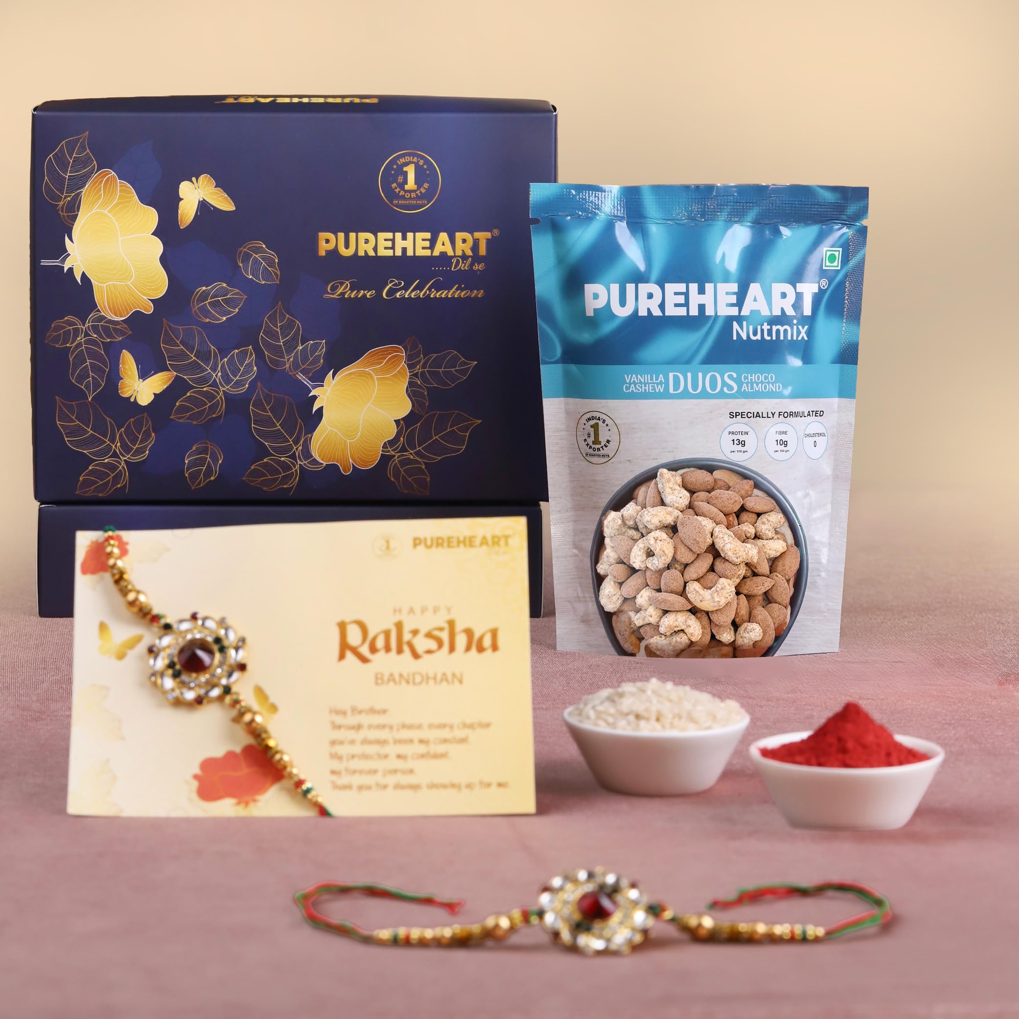 PUREHEART Rakhi Gift Hamper- Vanilla Cashew & Choco Almonds (80g) with Chocolate and Floral Rakhi for Brother, Gift Card, Pooja Rice, Kumkum - Dry Fruits and Nuts Gift-image-34