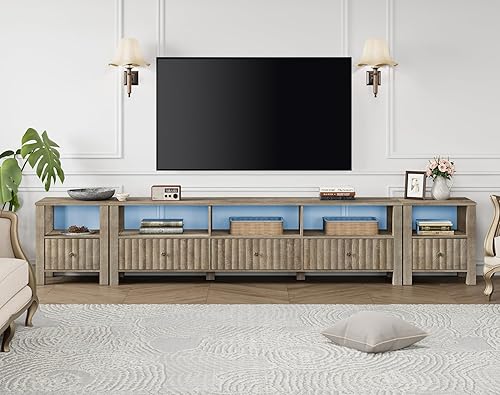 Miniatura 9 de WAMPAT Soporte de TV blanco con almacenamiento para TV de 75 pulgadas con luz LED azul, moderna mesa consola de TV para TV de más de 65 pulgadas,