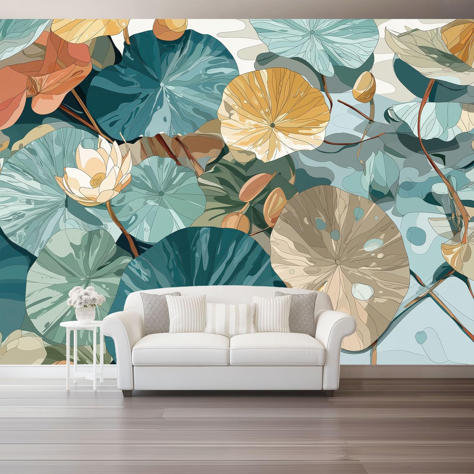 Fototapeta ścienna 250 x 175 cm (szer. x wys.), wzór rośliny boho lilia wodna, instalacja naklejana fototapeta do gabinetu i małej sypialni