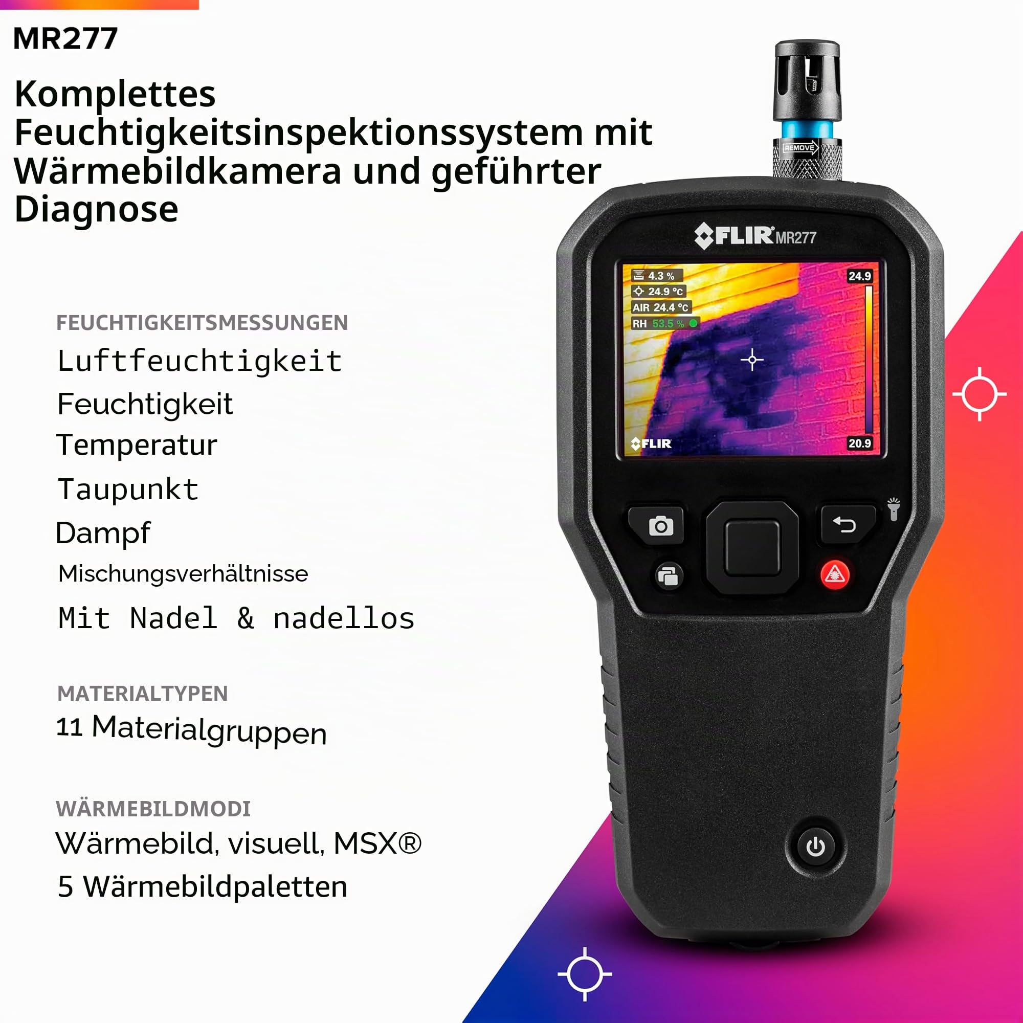 Flir MR277 Feuchtigkeitsmesser, MSX IR-Kamera und Hygrometer