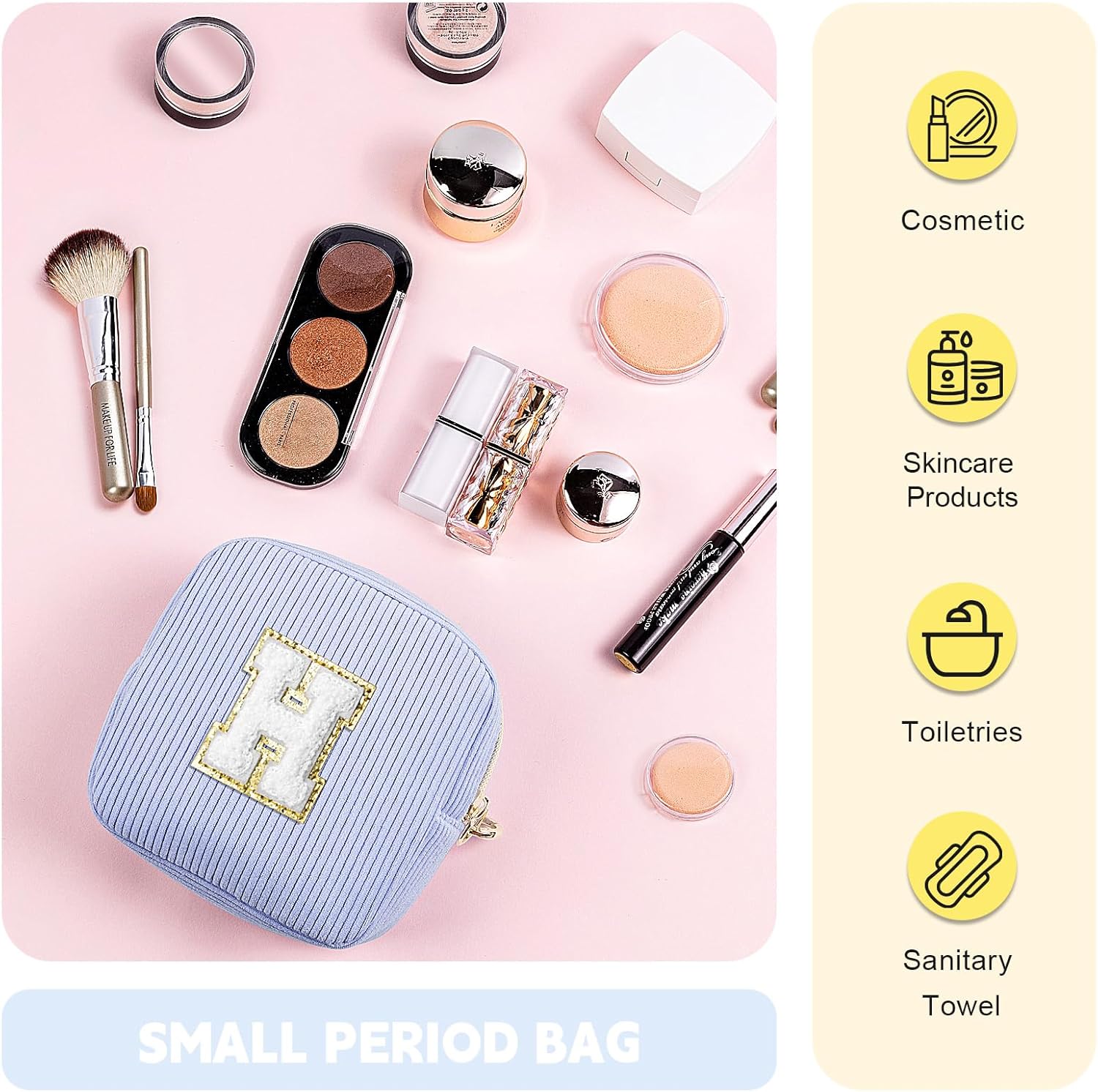 Small Initial Makeup Bag, Blue Corduroy Personalized Cosmetics Bag with Ring Buckle, Monogram Cute Travel Toiletry Pouch Purse for Birthday/Wedding/Party Gifts (Letter K) - Image 4