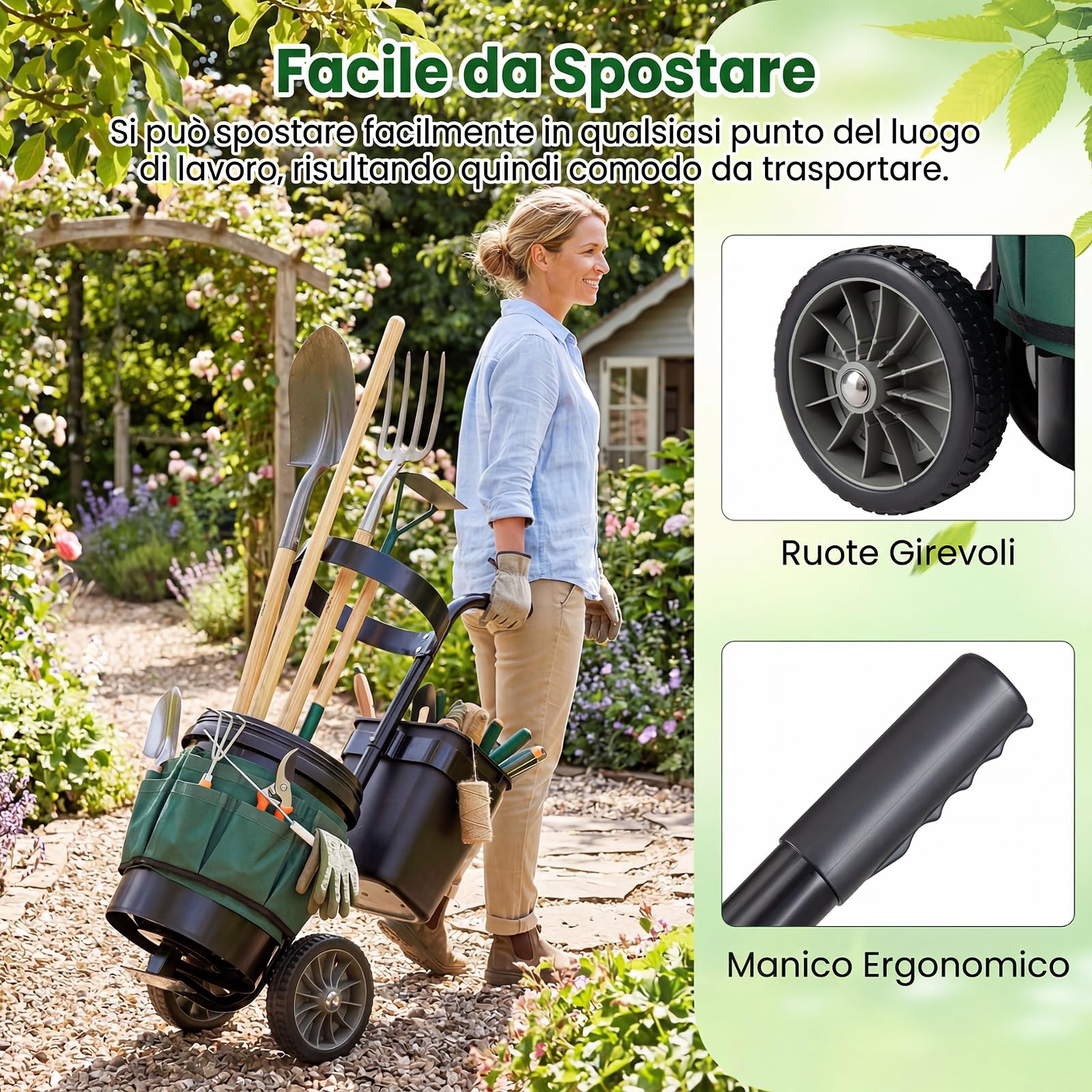 COSTWAY Carrello da Giardino a 2 Ruote, Carrellino da Esterno per Attrezzi da Giardinaggio con Borsa in in Tessuto Oxford, 20 L Secchio Rotondo e 10 L Contenitore Rettangolare Rimovibili