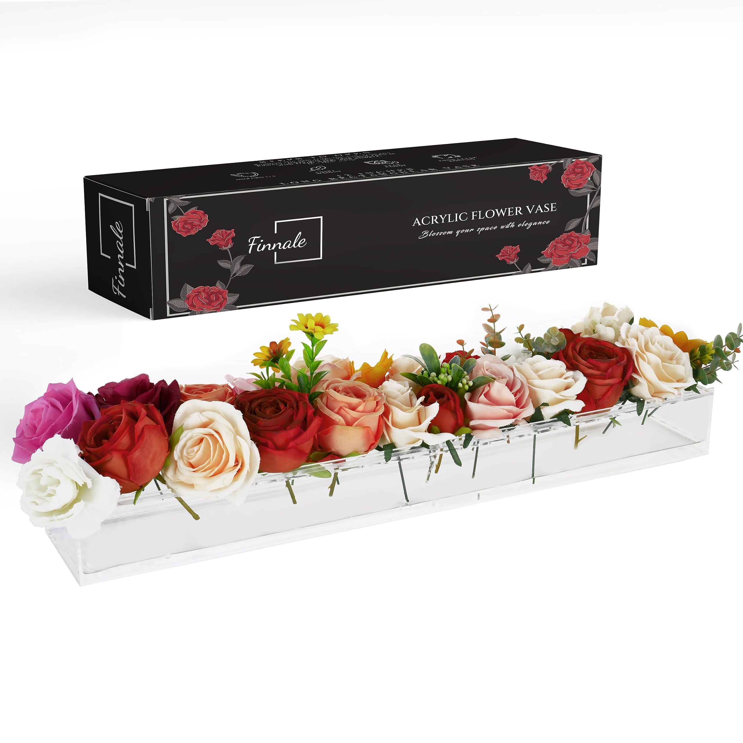 Clear Acrylic Rectangular Flower Vase - Modern & Long Floral Centerpiece with 24 Holes for Dining Table and Wedding Decoration, Decorative Flower Holder Vase for Home Counter, Table and DIY Decor