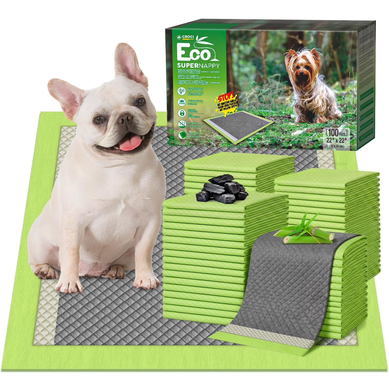 CROCI Charcoal Puppy Pads with Adhesive Tabs 2X Odor Control 22x22in 100Ct
