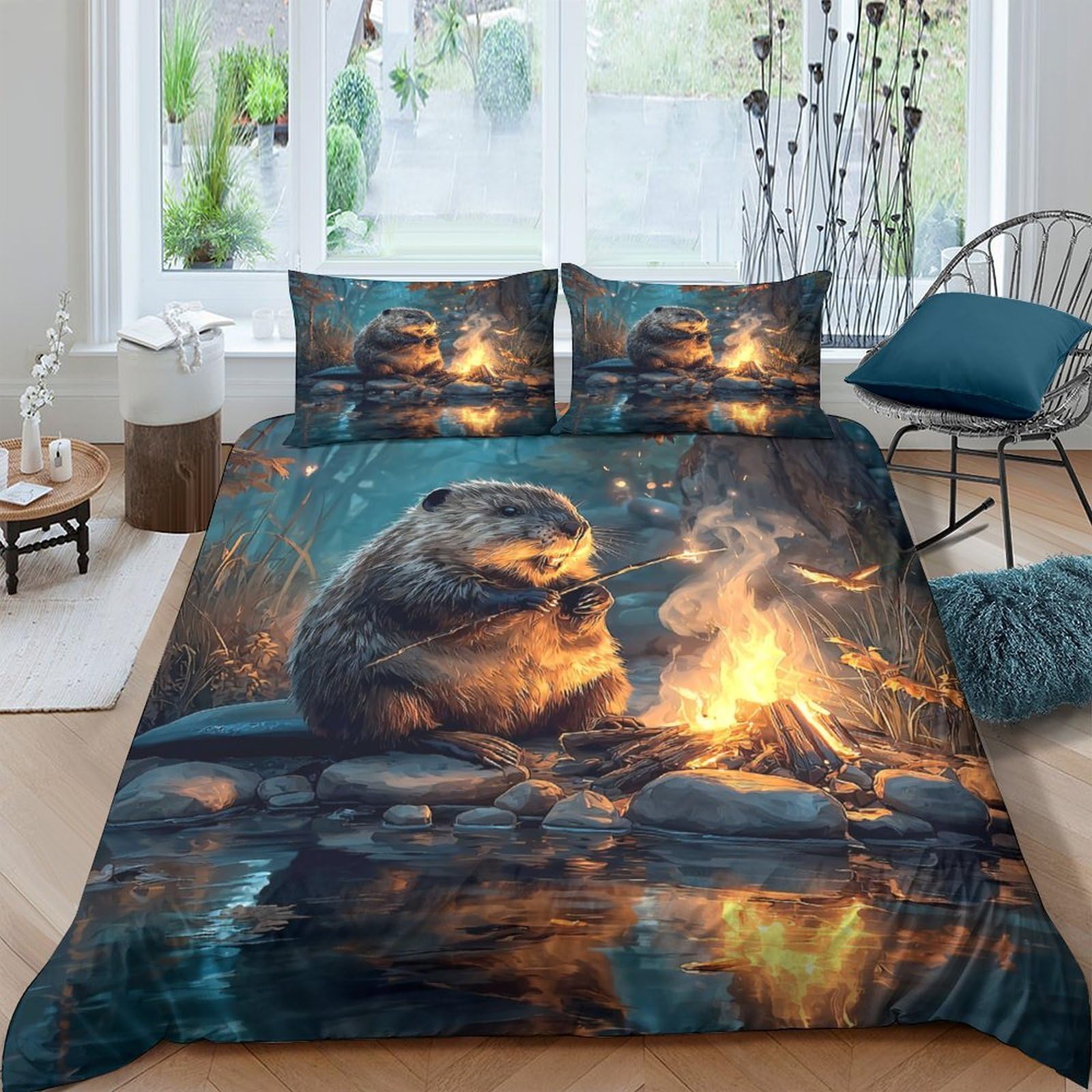 Ctjqhvkz Style-2 3D Printed Campfire Bear Fitted Sheet Microfiber Soft Breathable Forest Lake Bed Cover For Bedroom Guest Room Decor Single（135X200cm）