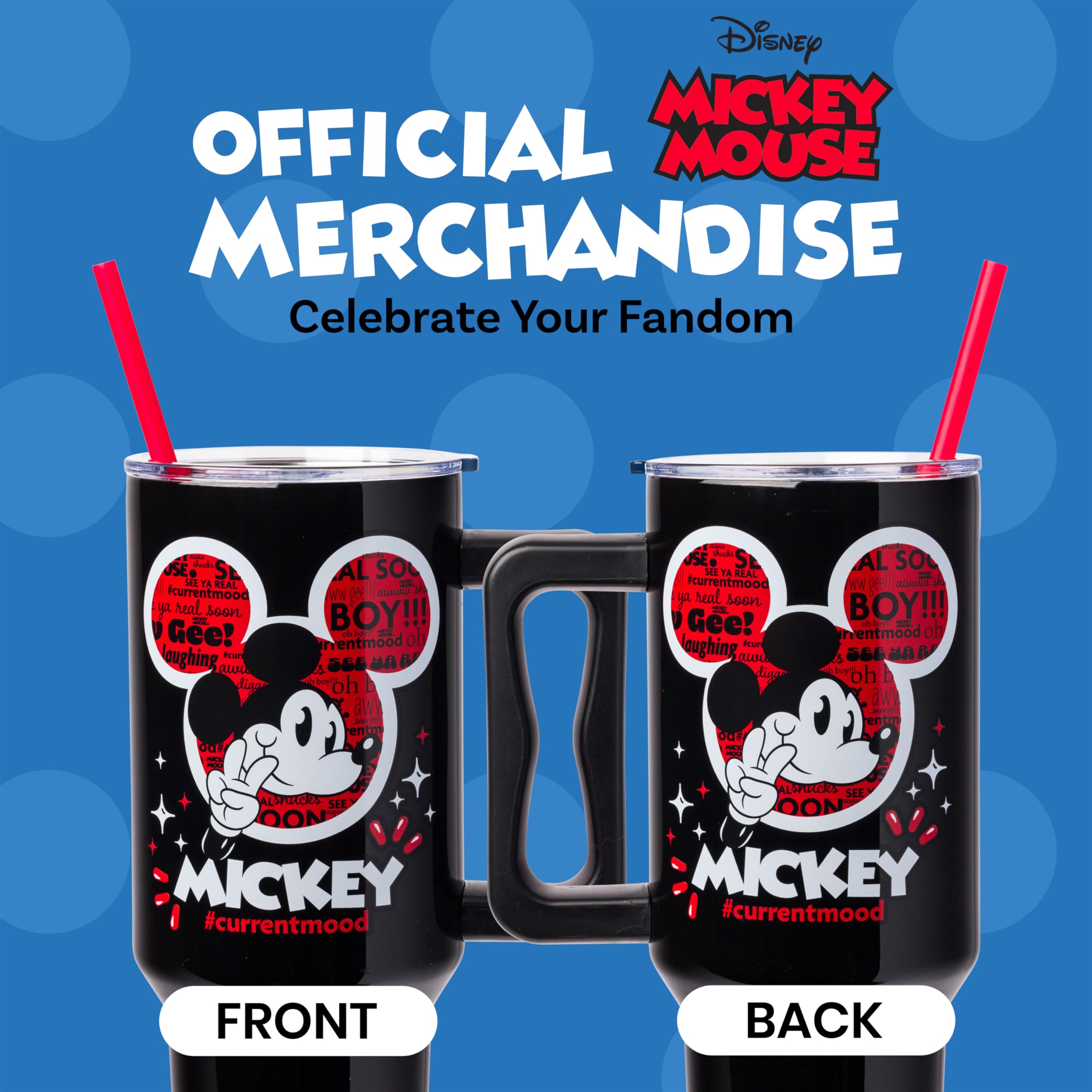 Silver Buffalo Disney Mickey Mouse Trinkglas, Edelstahl, 1.134 g | Classic Hashtag Current Mood #currentmood, doppelwandig, Griff, Strohhalm, passt in Standard-Becherhalter, 1,18 Liter