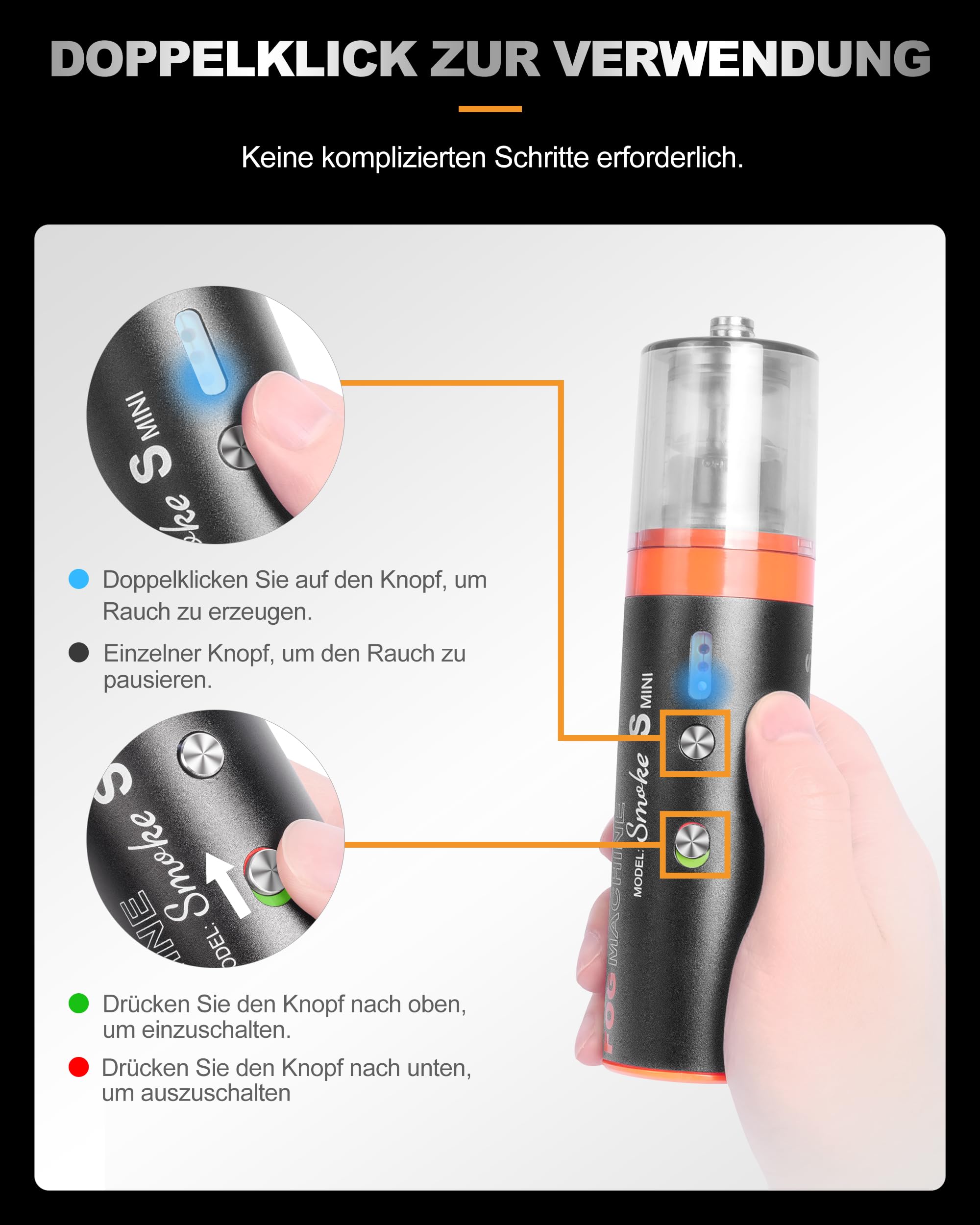 LENSGO Nebelmaschine Mini mit Flüssigkeit, Kabelloser Fernbedienung, Akku, Tragbare Rauchmaschine, klein Fogger für Fotografie, Videografie, Halloween, Hochzeit, Party, Smoke Mini