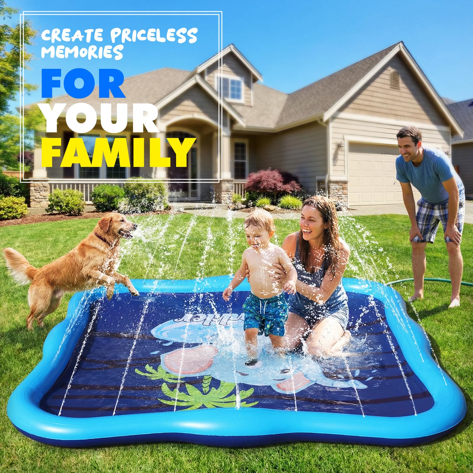 Luxfero Splash Pad,210 cm Tapete de Juegos de Agua,Almohadilla para Rociadores,Almohadilla para Aspersor para Niños y Perros,Juegos de Agua para Exterior para Actividades Aire Fiesta Playa Jardín