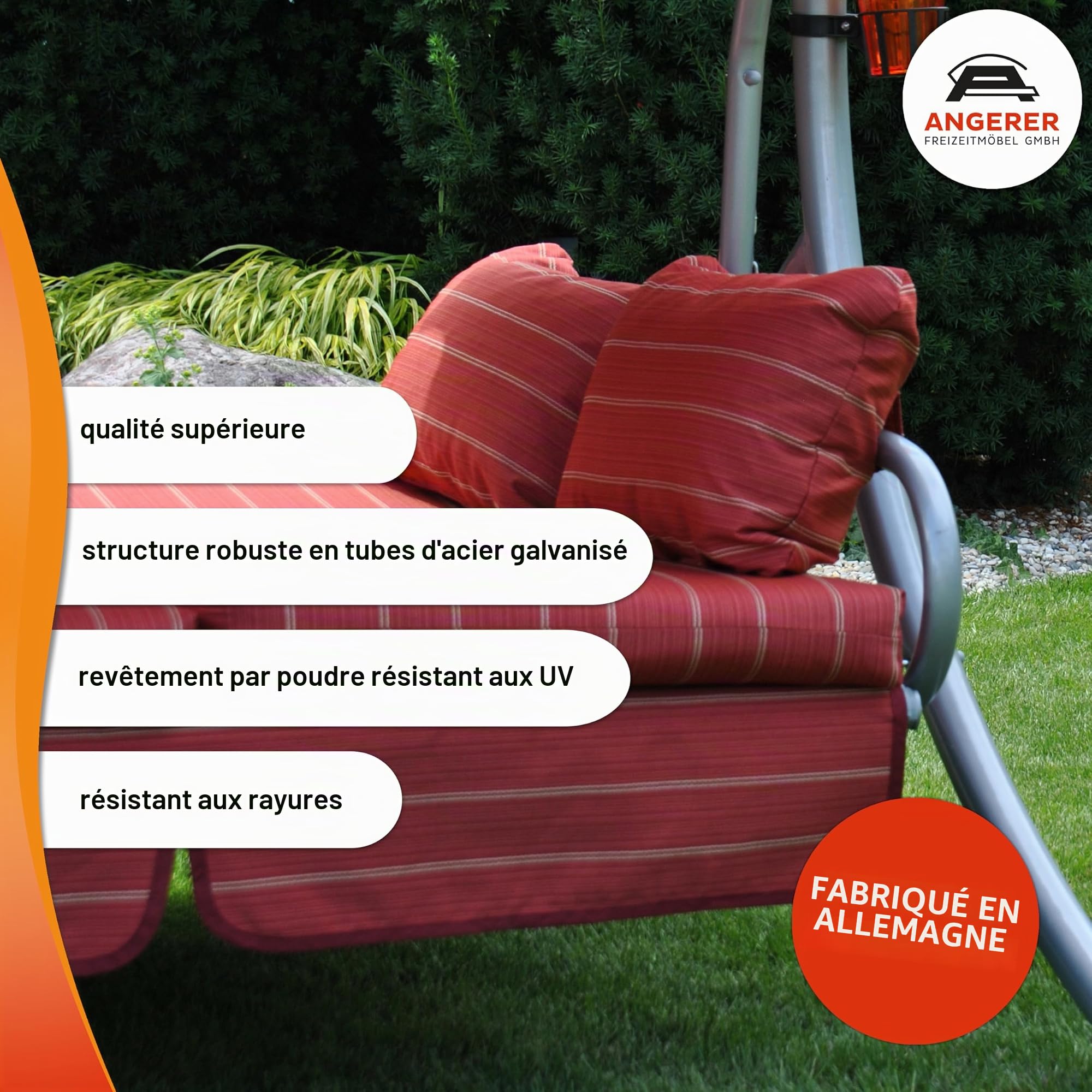 Angerer Balancelle de Jardin Ibiza, 3 Places, Convertible en Lit, Acier Galvanisé, Toit Réglable, 210 x 145 x 160 cm, Capacité 270 kg, Made in Germany (Rayures Vertes)