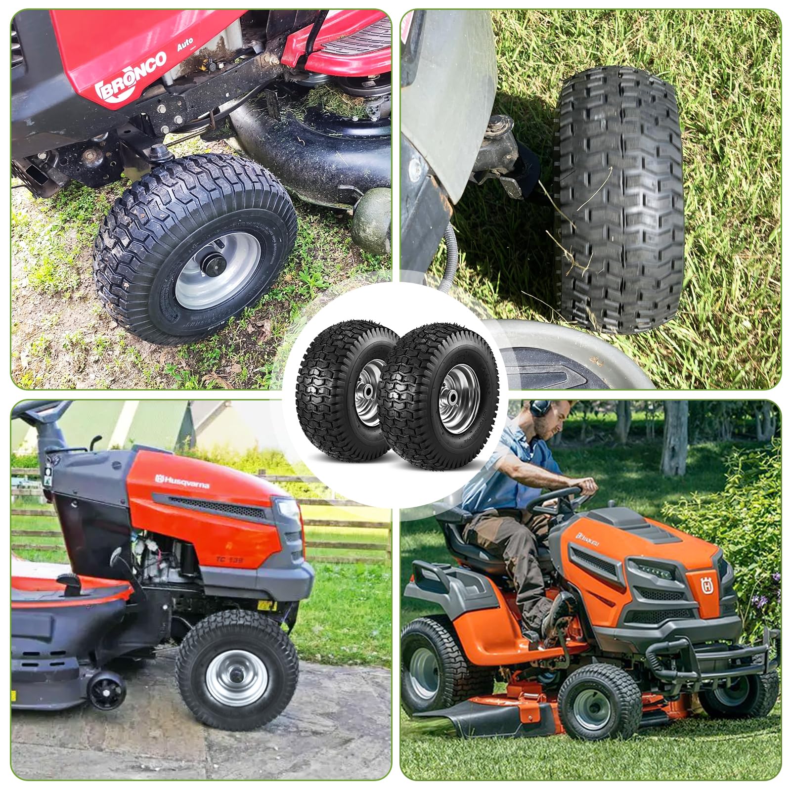 2 Pack 15x6.00-6 Reifen und Rad Vorderreifen für John Deere Handwerker Husqvarna Rasenmäher 3 Zoll Zentrierte Nabenbohrung ID 3/4 Zoll Naturkautschuk 4 Lagen mit Rohr 400 lbs Kapazität