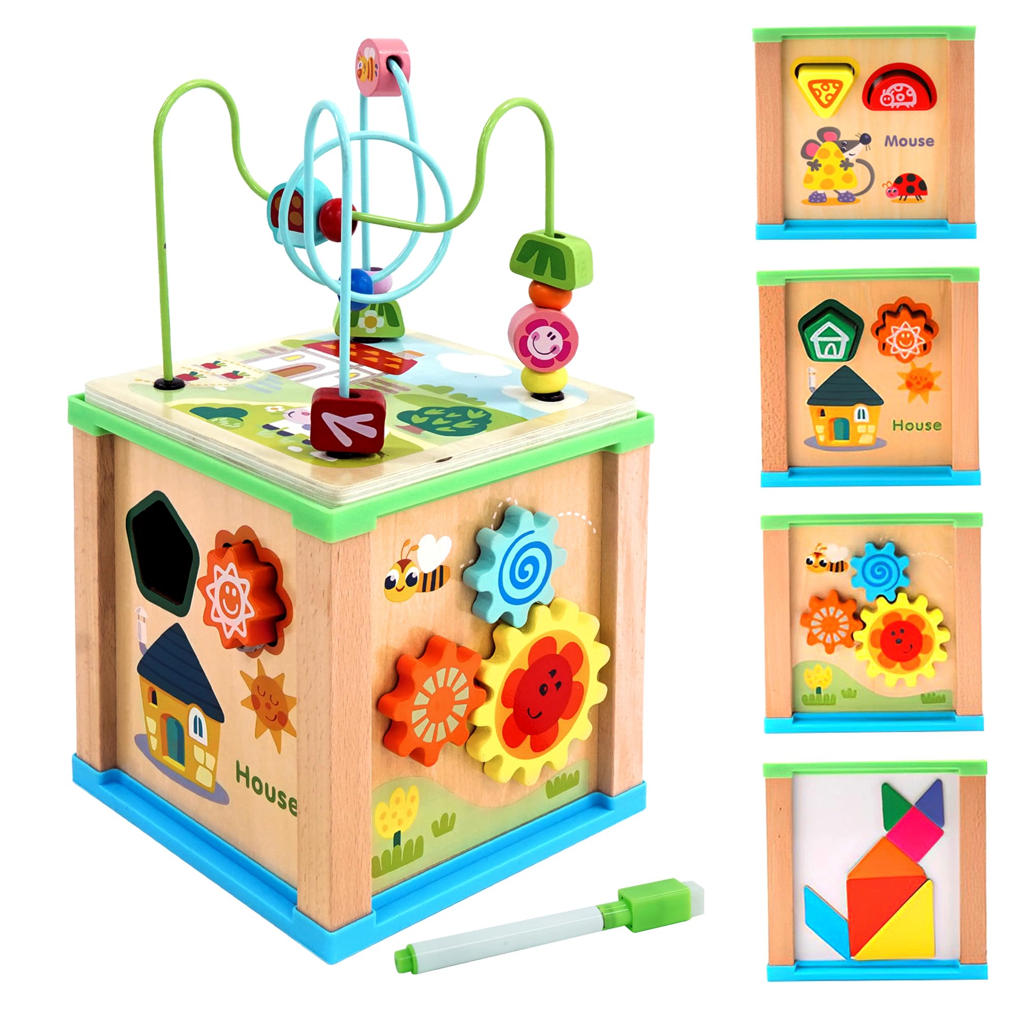 6 in 1 Activity Cube Toys for 12M+ Boys and Girls Wooden Montessori Toy Activity Cube Bead Maze Shape Sorter Blocks and More Developmental Learning Toys