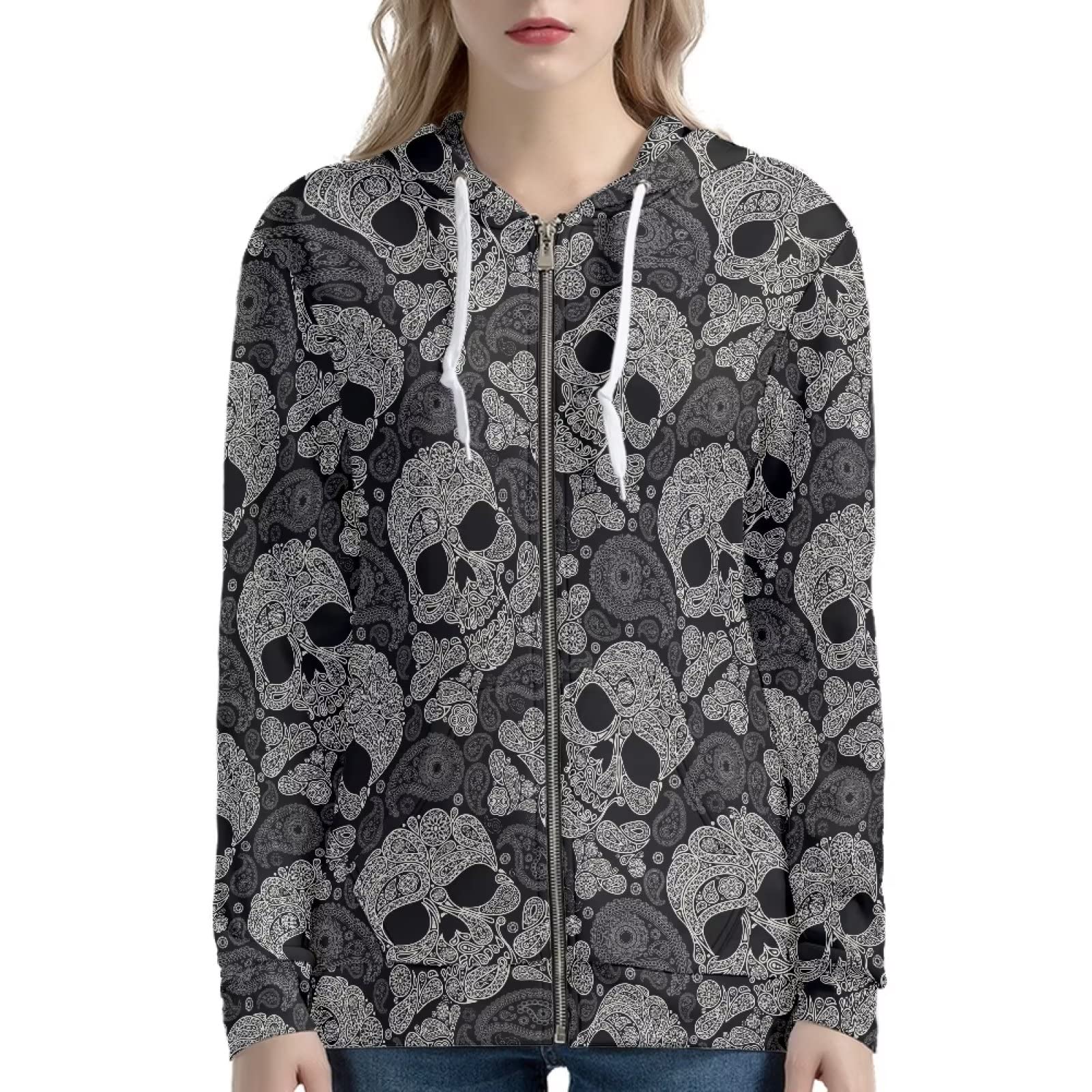 Binienty Carino Felpe con cappuccio Giacca Oversize Felpe Casual Coulisse Zip Up Felpa con cappuccio con tasca, Teschio Paisley, M