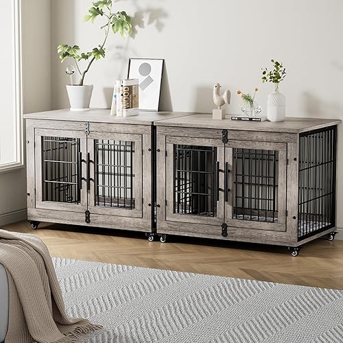Vista 9 de Lulive Mueble de jaula para perros medianos, 32 pulgadas, para interiores con cojín y ruedas, jaula de madera para perros con puertas dobles, mesa
