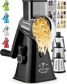 Rotary Cheese Grater with Upgraded, Reinforced Suction - Round Cheese Shredder Grater with 3 Replaceable Stainless Steel Drum Blades - Easy To Use & Clean - Vegetable Slicer & Nut Grinder (Black)