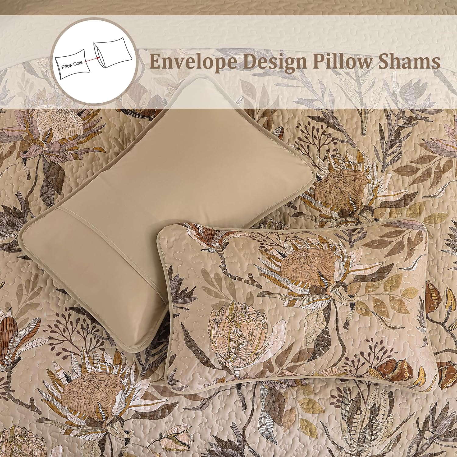 Dintszyayue King Size Quilts Brown, 3 Pieces Boho Floral Bedspread Bedding for King Size Bed, Soft Lightweight Microfiber Coverlet Set for All Season Quilt with 2 Pillowcases - Image 6