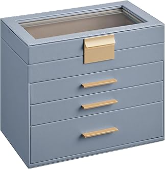 SONGMICSSONGMICS Jewelry Box Organizer with Glass Lid, 4-Layer Jewelry Storage, with 3 Drawers, Modern Style, 6 x 9.9 x 8.5 Inches, Smoky Blue and Gold Color UJBC161Q01