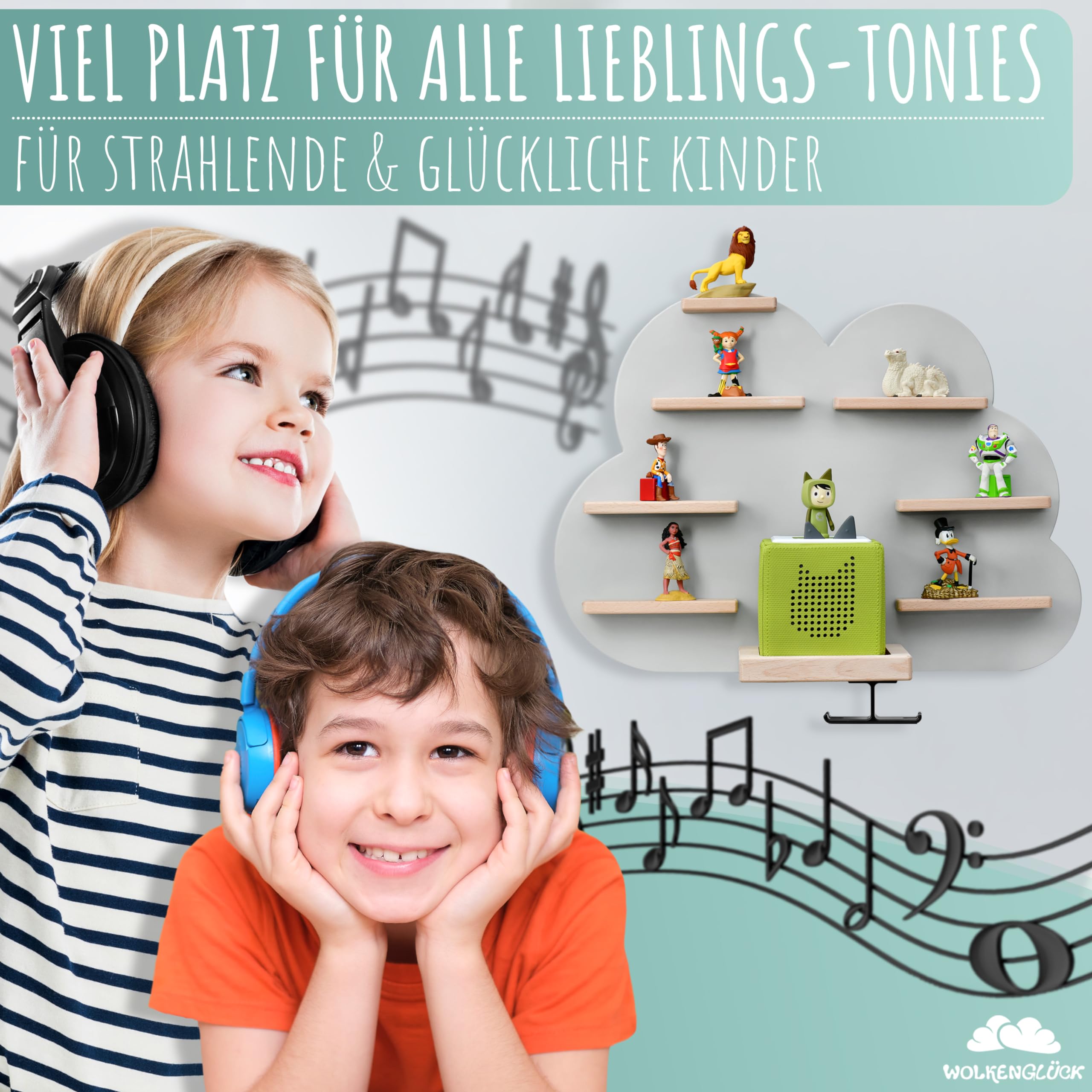 WOLKENGLÜCK® Tonie Regal (Wolke) zur Aufbewahrung der Tonie Box und bis zu 33 Tonies Hörfiguren - Magnetisches Toniebox Regal aus Holz für Mädchen & Jungen inkl. Kopfhörer-Halterung