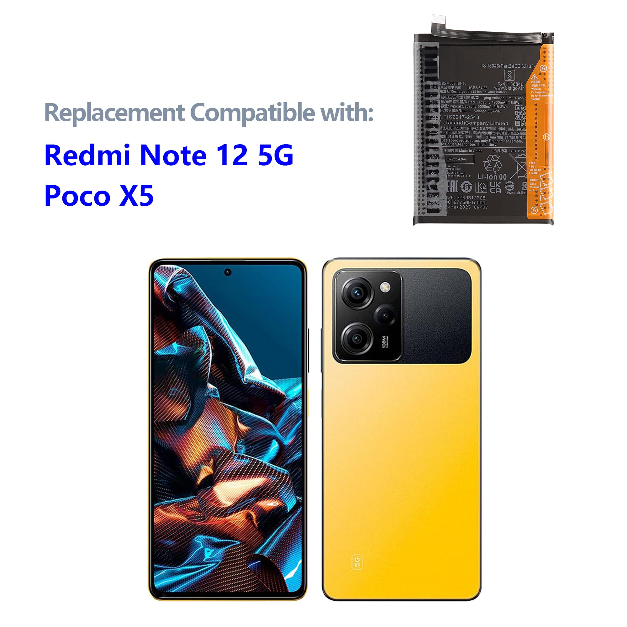 Batterie Interne De Remplacement Pour Xiaomi Redmi Note 12 5G / Poco X5 5G (réf. BN5J)