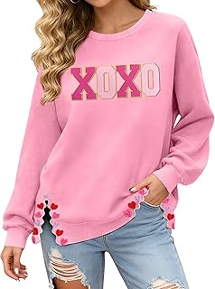 Valentine Sweatshirts Women Love Valentines Shirts Embroidered Crewneck Long Sleeve Tops With Side Heart Applique