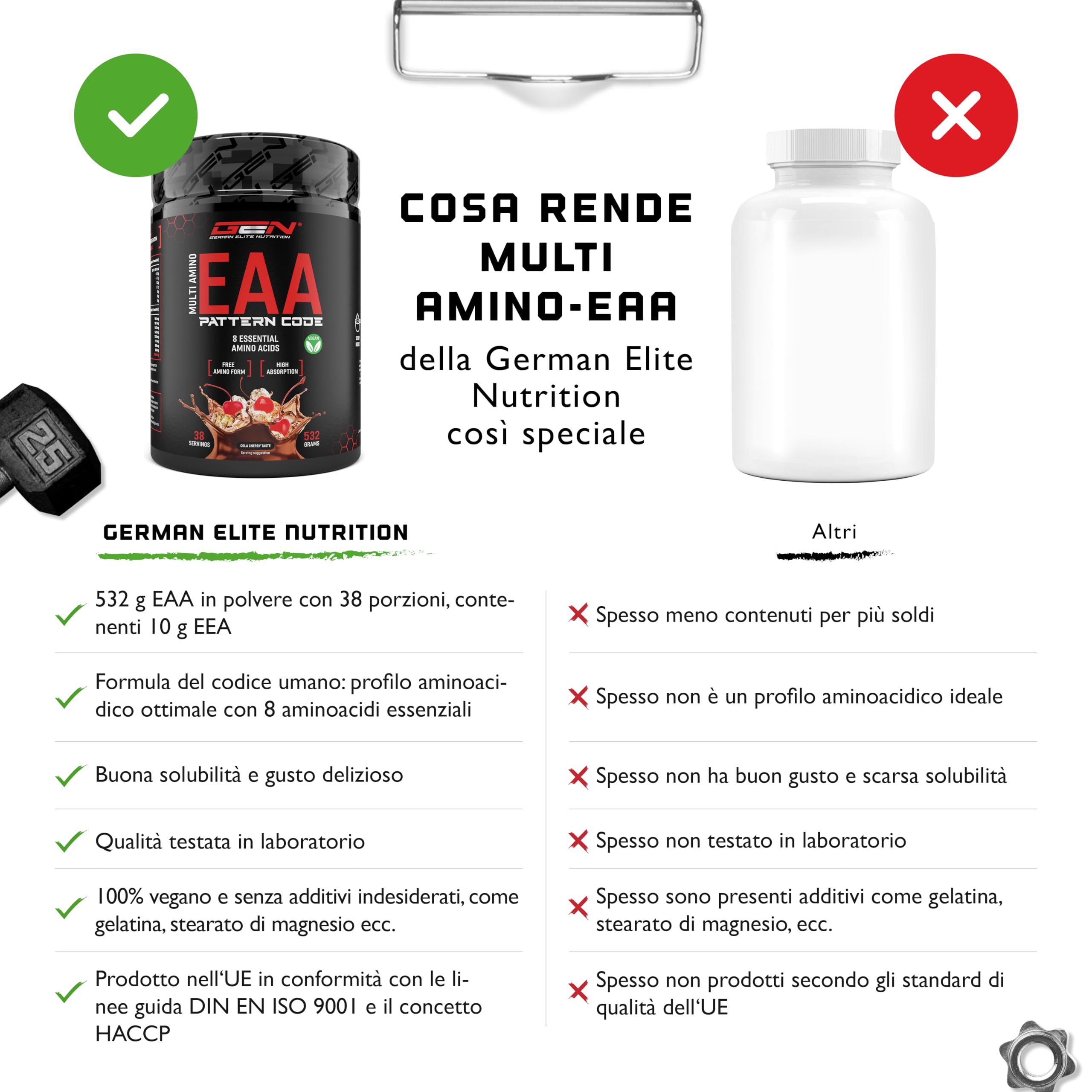 EAA Polvere - 532 g - (Cola Cherry) - Formula Codice Umano - Tutti gli 8 aminoacidi essenziali - Bevanda Amino per l'Allenamento - Gusto delizioso - Vegano