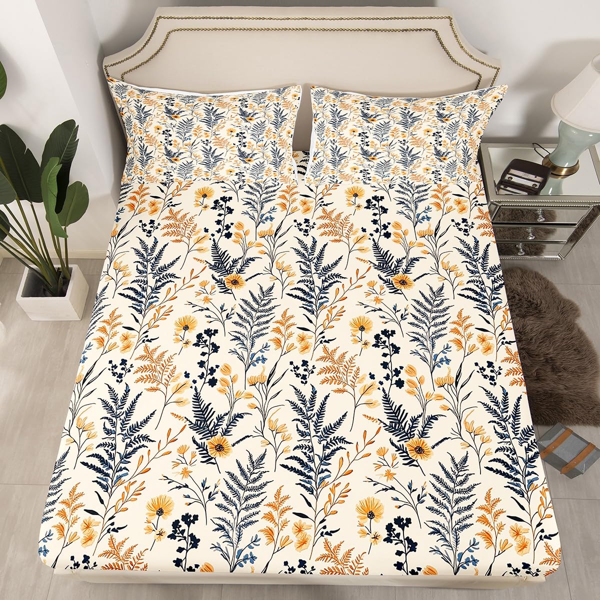 Homewish Juego de ropa de cama floral bohemio tamaño King, sábana bajera ajustable con diseño bohemio para niños, adolescentes y niñas, funda de cama rústica de 3 piezas