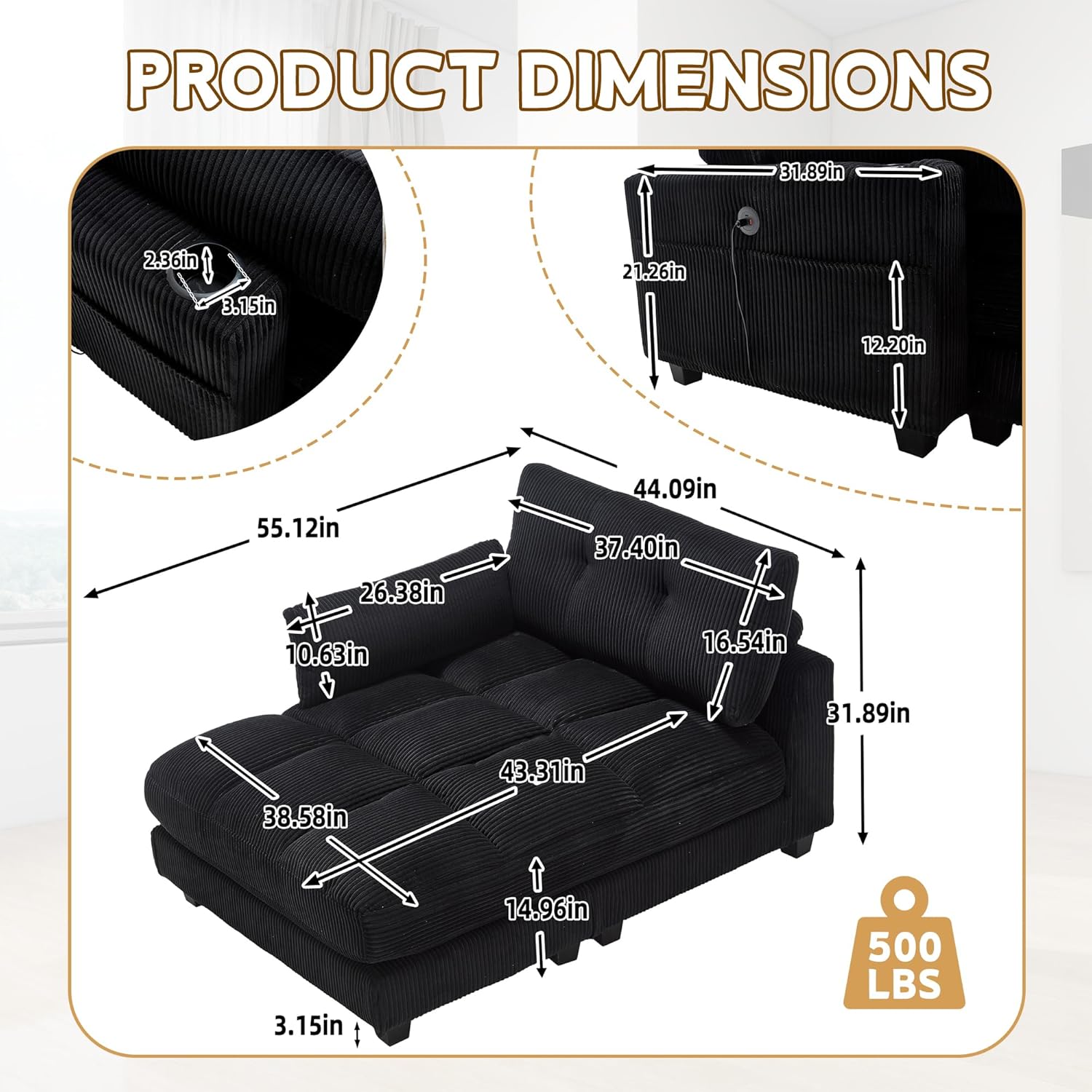 Oversized Lounge Chaise Convertible Sleeper Sofabed, Corduroy Sleeper Daybed Indoor Recliner Chair Sofa Bed with Cupholders and Adjustable Headrests for Living Room Bedroom Reading Home Apartment