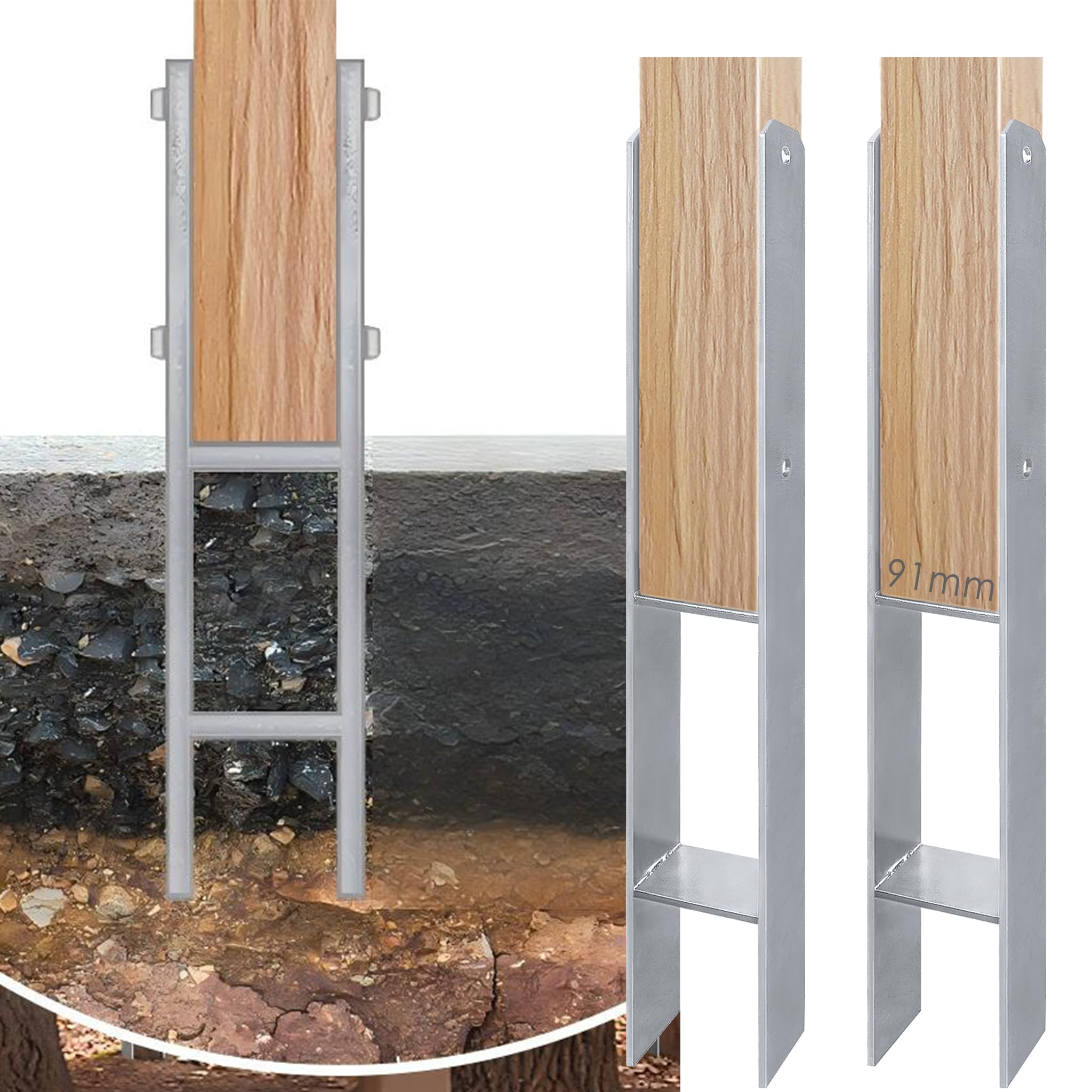 YRHome Kotwa słupkowa H, wspornik słupka H do ogrodzenia, szklarni, wiat, grubość materiału 5 mm, wysokość całkowita 600 mm, kotwa podłogowa (91 x 600 mm)
