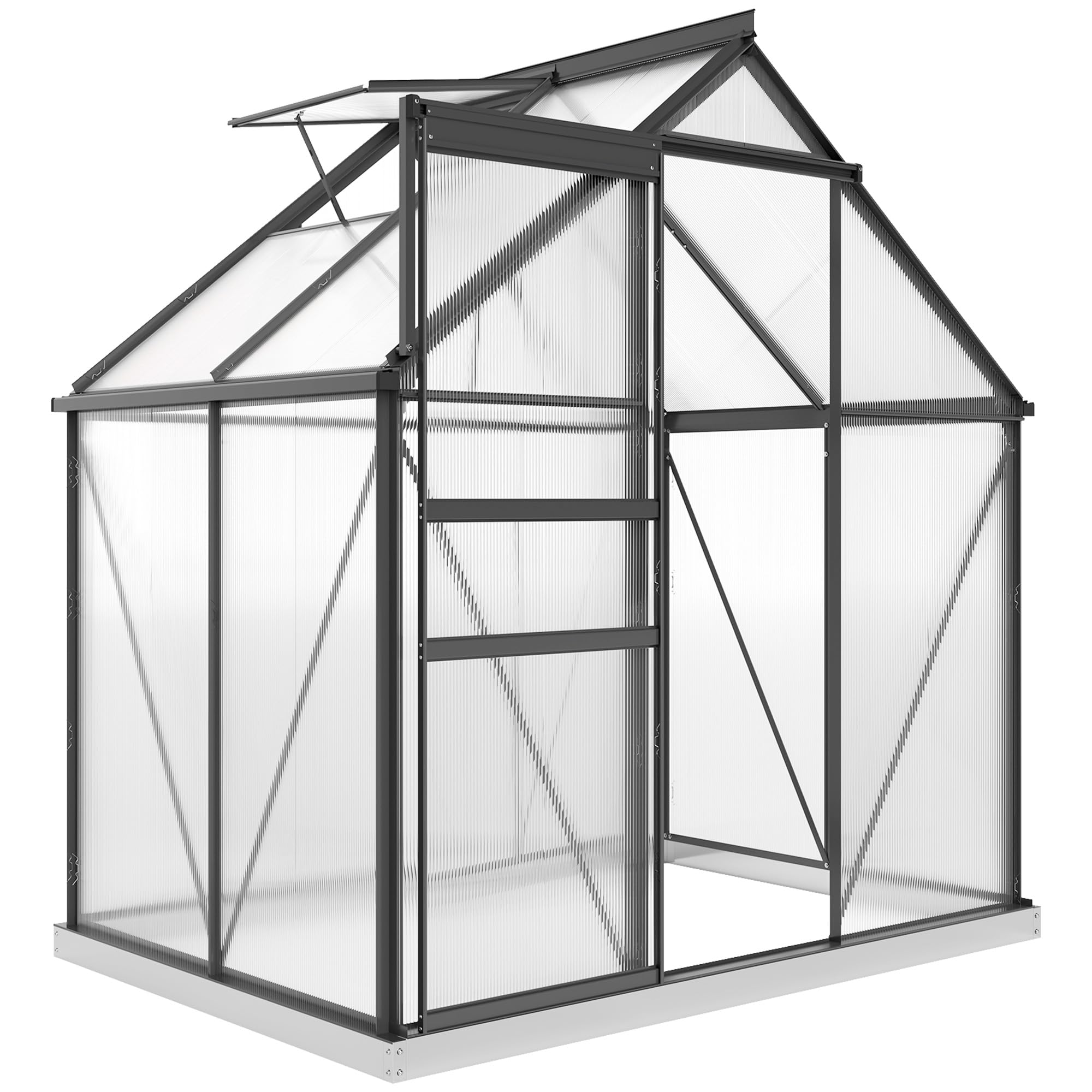 Outsunny Serre de jardin en polycarbonate avec cadre en alliage d'aluminium 2.5㎡, serre pour jardin avec fondation, gouttières, fenêtre de toit réglable, porte battante, pour plantes, anti-UV, gris