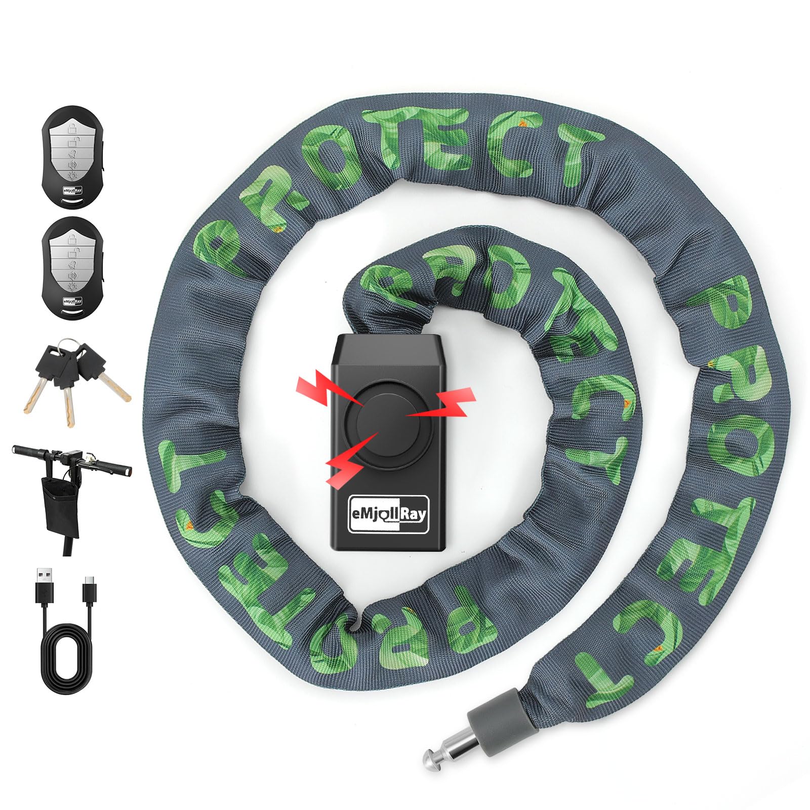 Candado de cadena para bicicleta con alarma, bloqueo antirrobo, 110 dB, seguridad de 4 pies, resistente con cable USB C y 3 llaves para bicicleta/scooter eléctrico/motocicleta