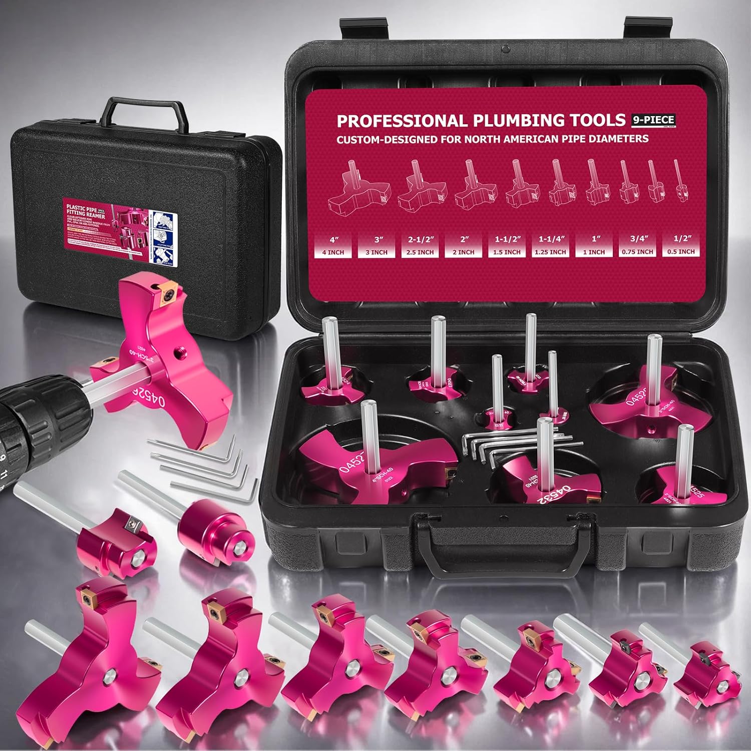 9Pcs PVC Pipe Reamer Kit with Tungsten Carbide Triple Blades (6x Faster Reaming) – Fits 1/2", 3/4", 1", 1-1/4", 1-1/2", 2", 2-1/2", 3", 4" Pipes –For 1/2" Drill –With Box – Professional Plumbing Tool