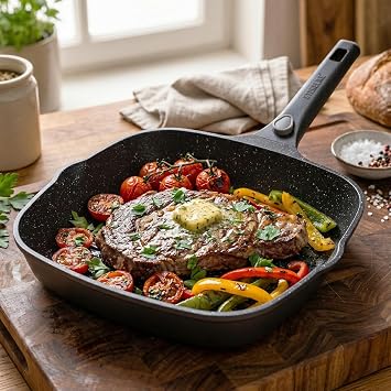 Stoneline Smart Grill Pan 28 cm Redesign 25/26 Large Steak Pan Cast Aluminium Removable Handle Induction Pan All Hob Types Non-Stick Coating with Real Stone Particles Grey