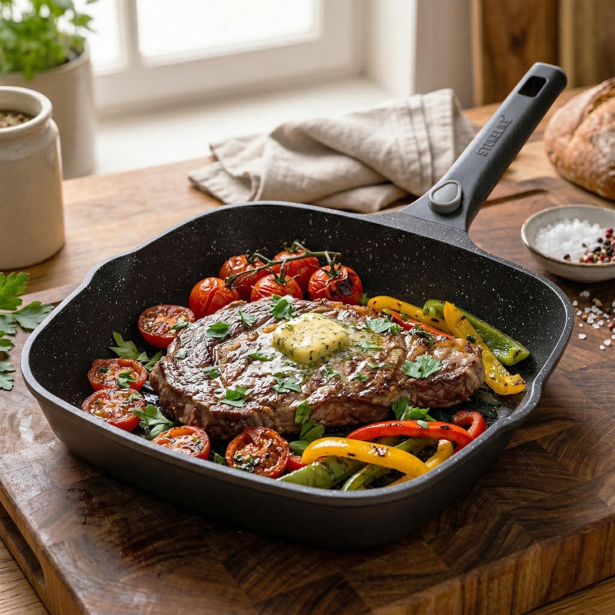 STONELINE SMART Grillpfanne 28 cm ☆ REDESIGN 25/26 ☆ Große Steak Pfanne Aluguss, Abnehmbarem Griff, Pfanne Induktion, Alle Herdarten, Antihaftbeschichtet mit echten Steinpartikeln, Grau