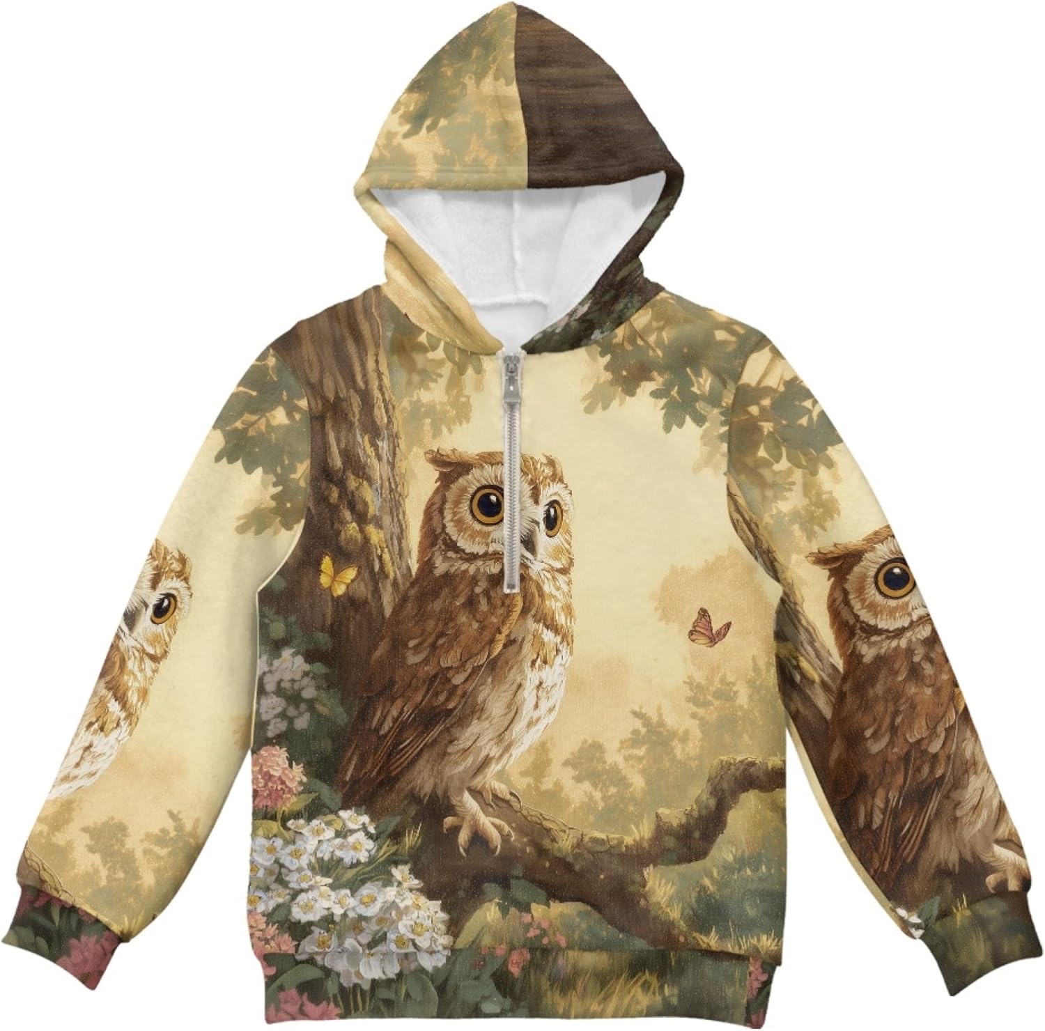 AmzPrint Toddler Big Girls Half Zip Fleece Hoodie Long Sleeve Pullover Holiday Novelty Owl Woods Flowers Print Yellow Popular Hoodies For Teen Girls